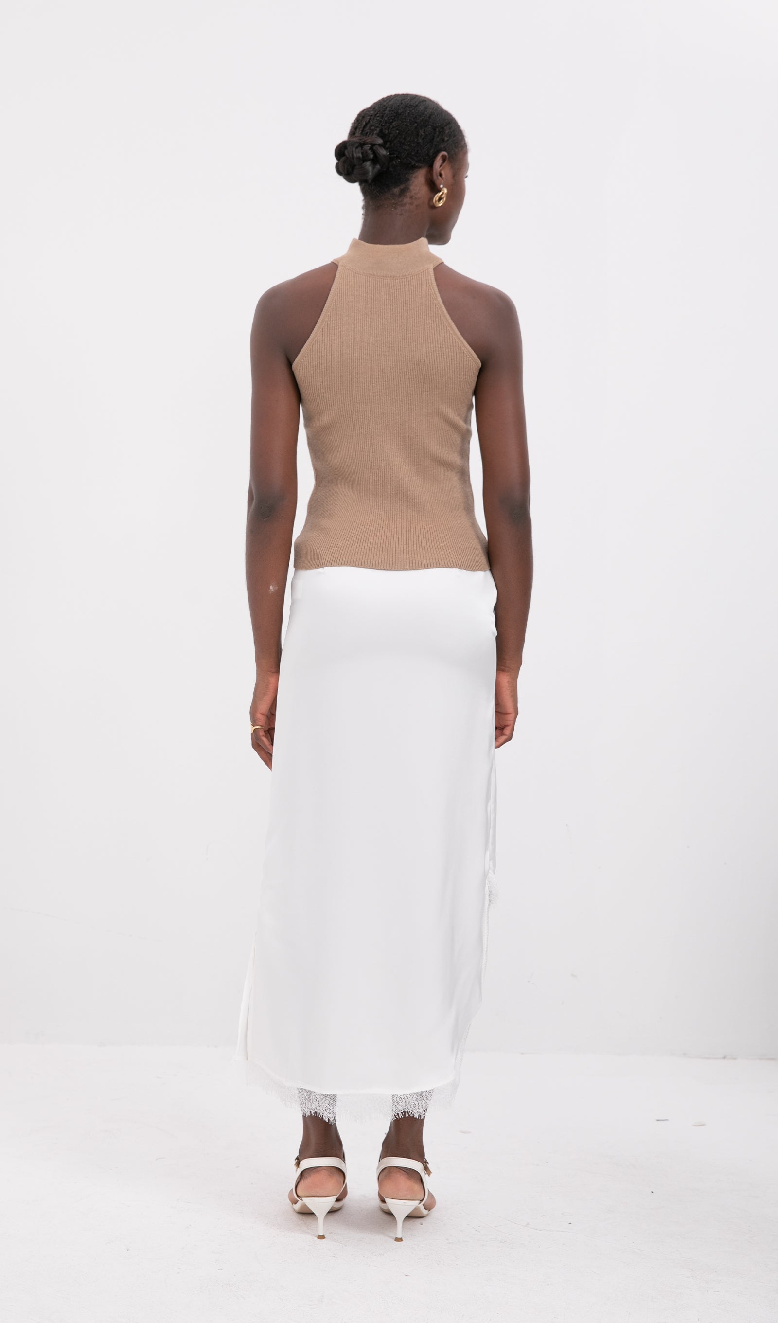 Trendy Saten Dantel Kenarlı Midi Etek-Beyaz