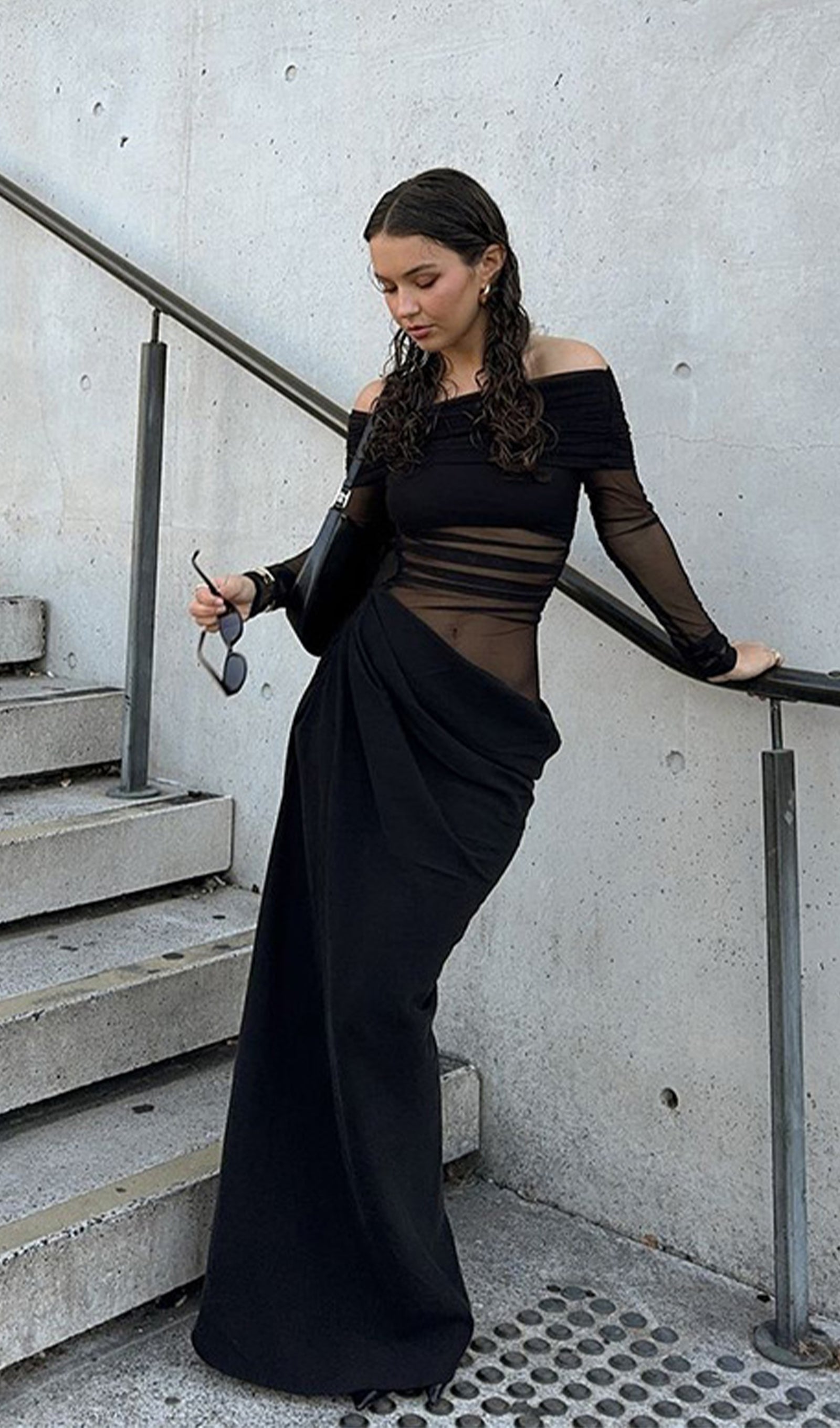 Kapalı Omuz Şeffaf Maksi Örgü Siyah