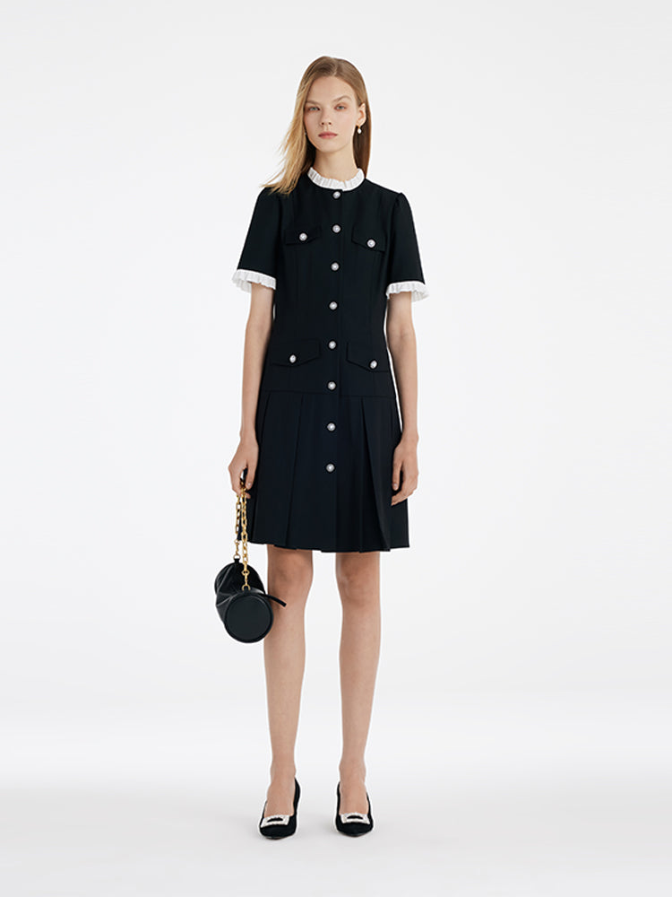 Fırfır Süslemeli İnci Düğmeli Kadın Mini Siyah Spor Elbise