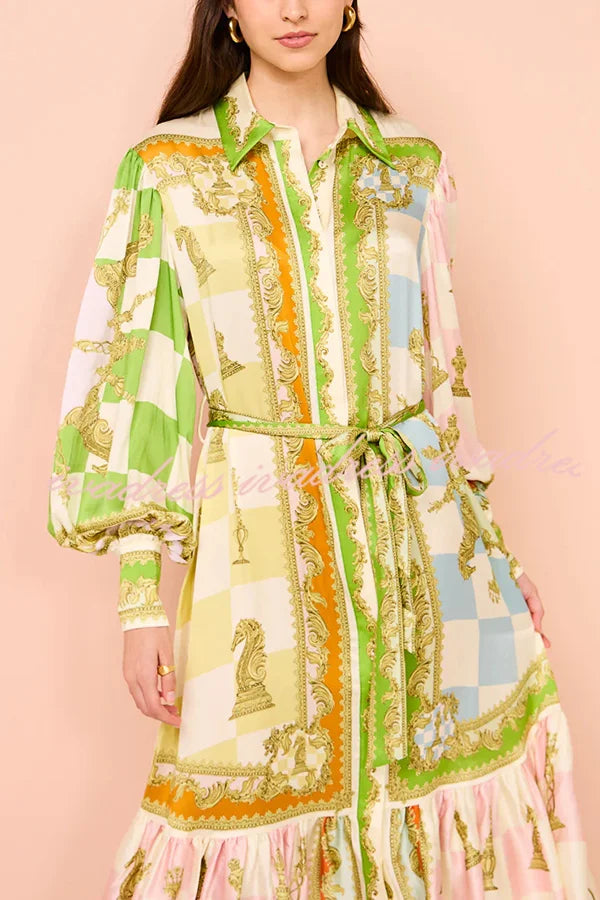 Bahçe Partisi Saten Balon Kollu Kuşaklı Gömlek Maksi Elbise