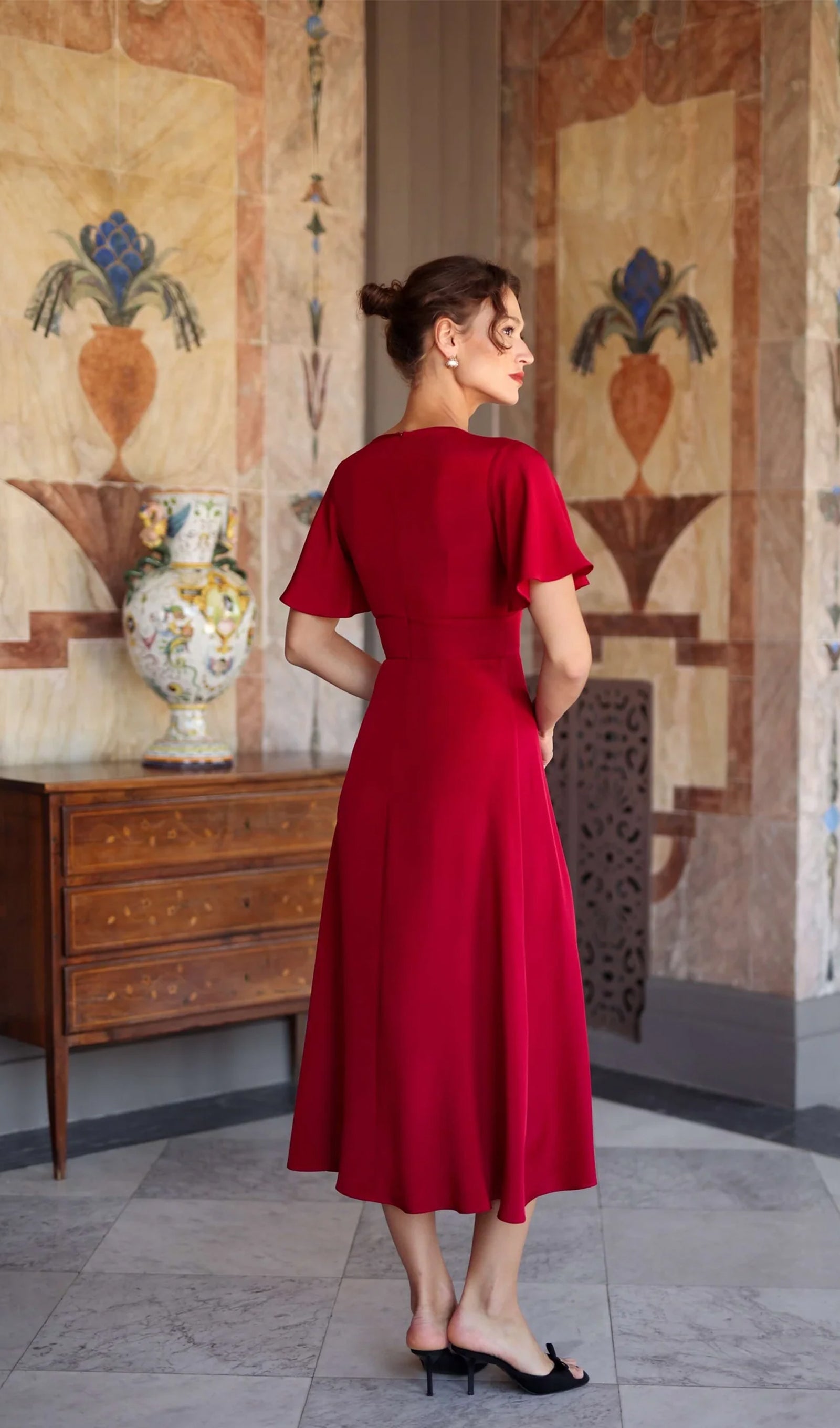 V Yaka Abiye Midi Elbise-Kırmızı