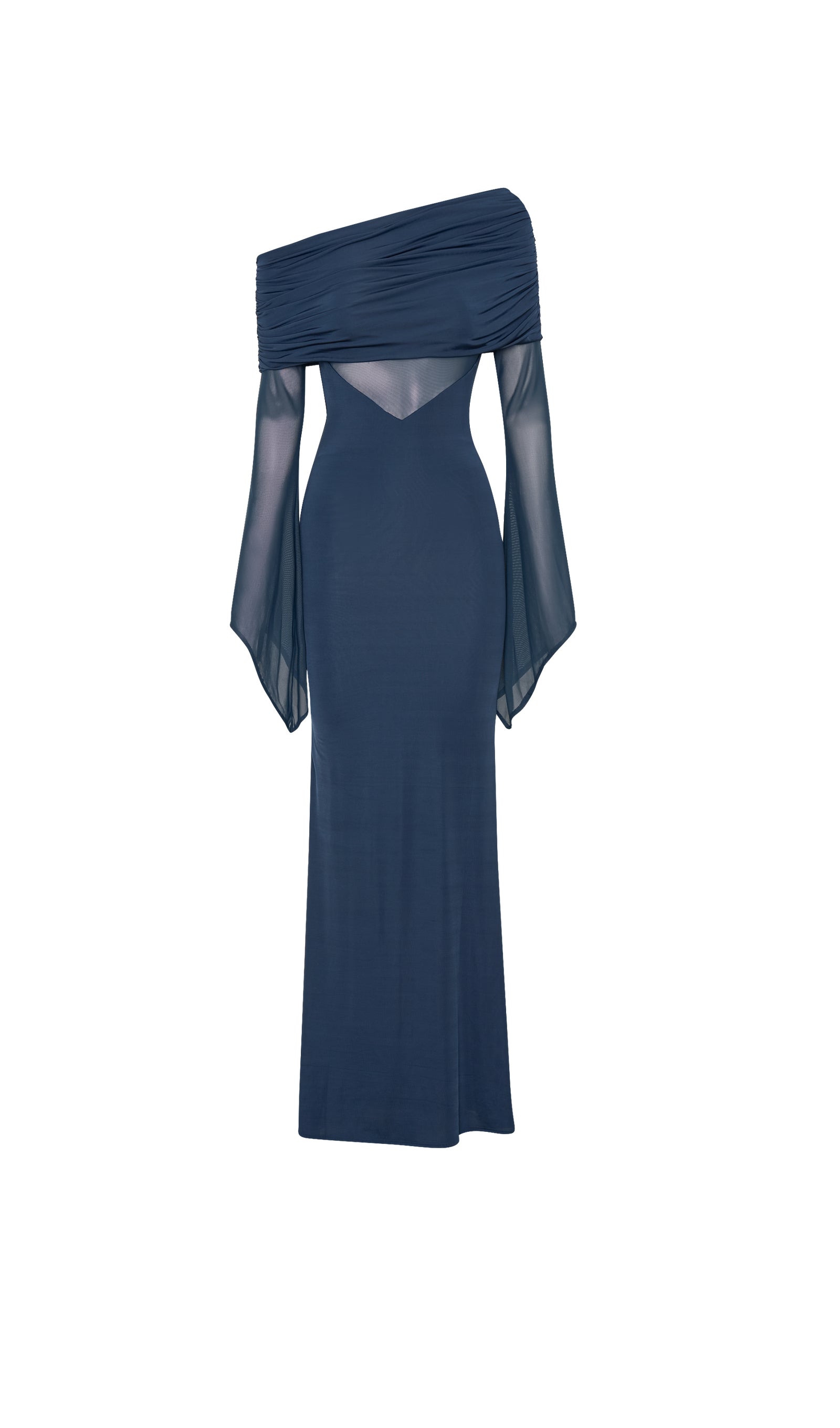 Tek Omuz Slinky Dantelli Maksi Elbise-Mavi