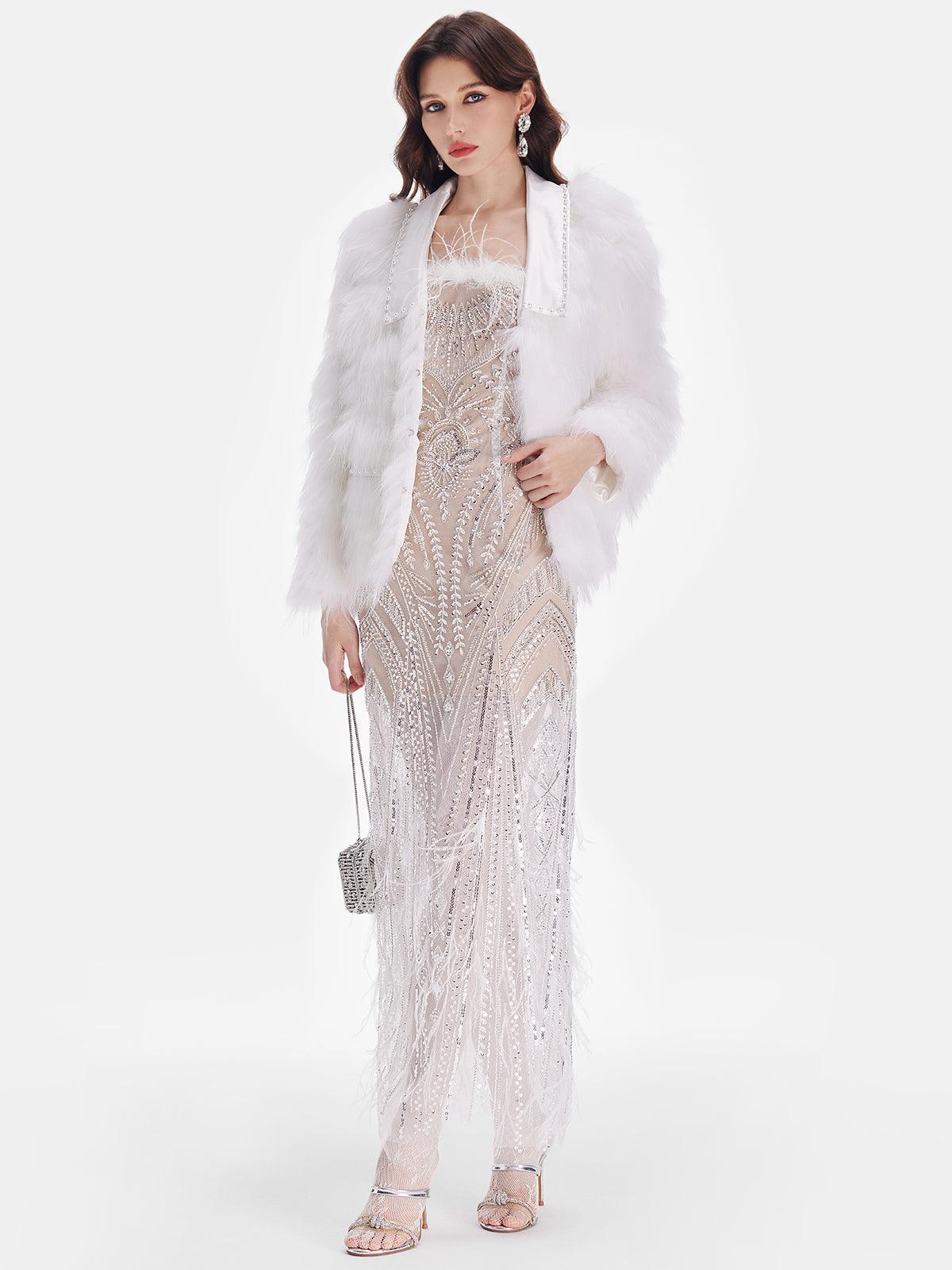 Beyaz Tüy Detaylı Işıltılı Ceket