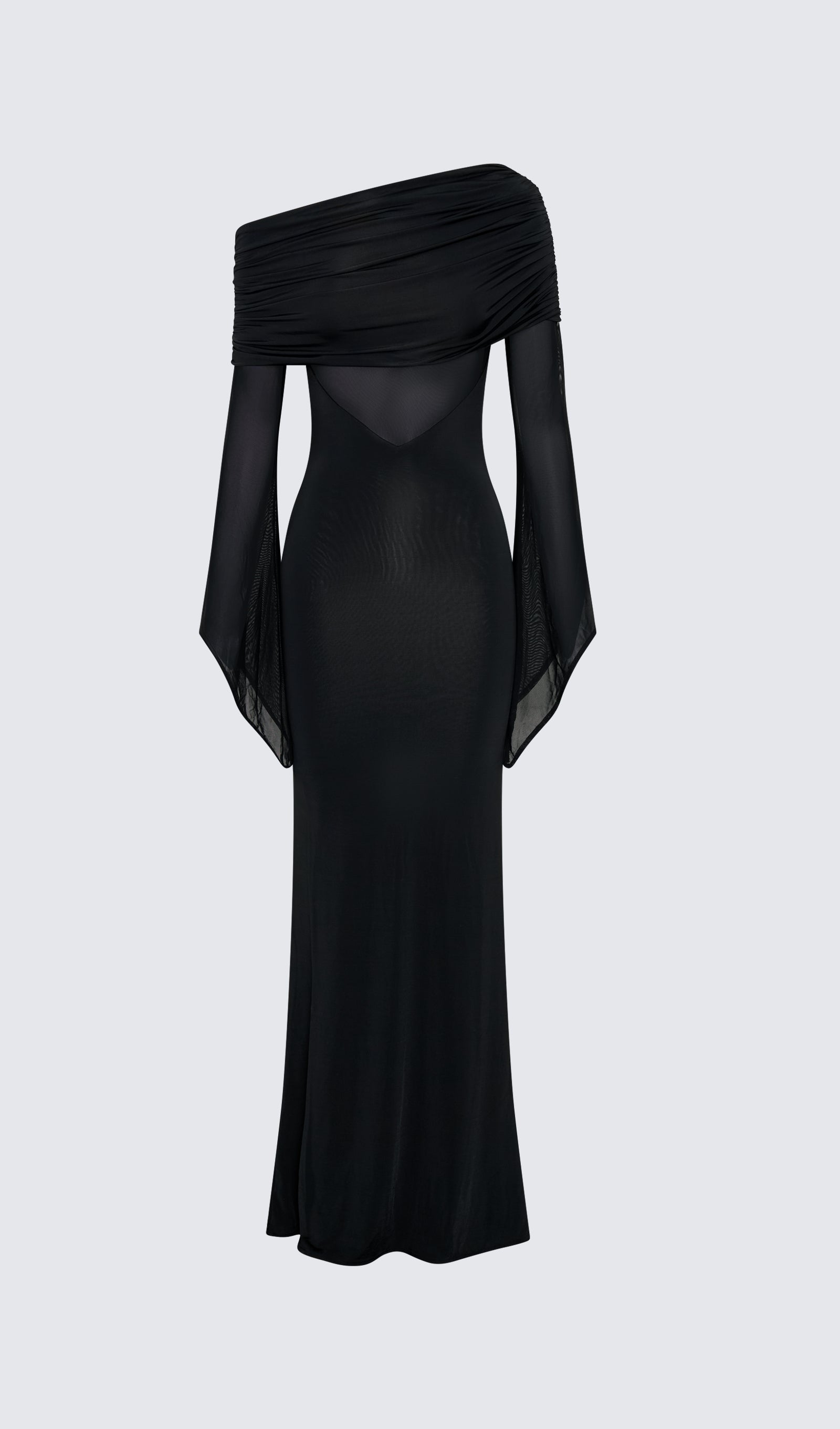 Tek Omuz Slinky Dantelli Maksi Elbise-Siyah