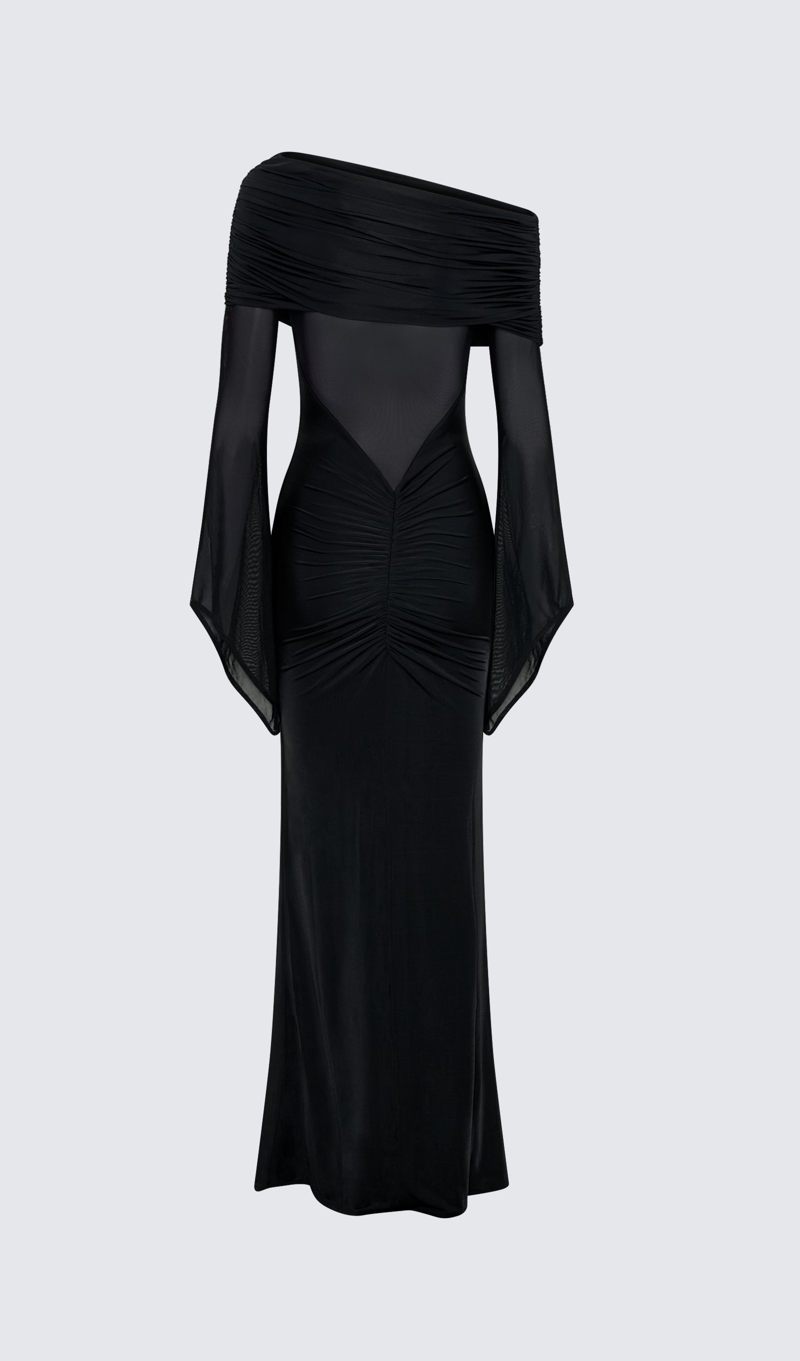 Tek Omuz Slinky Dantelli Maksi Elbise-Siyah