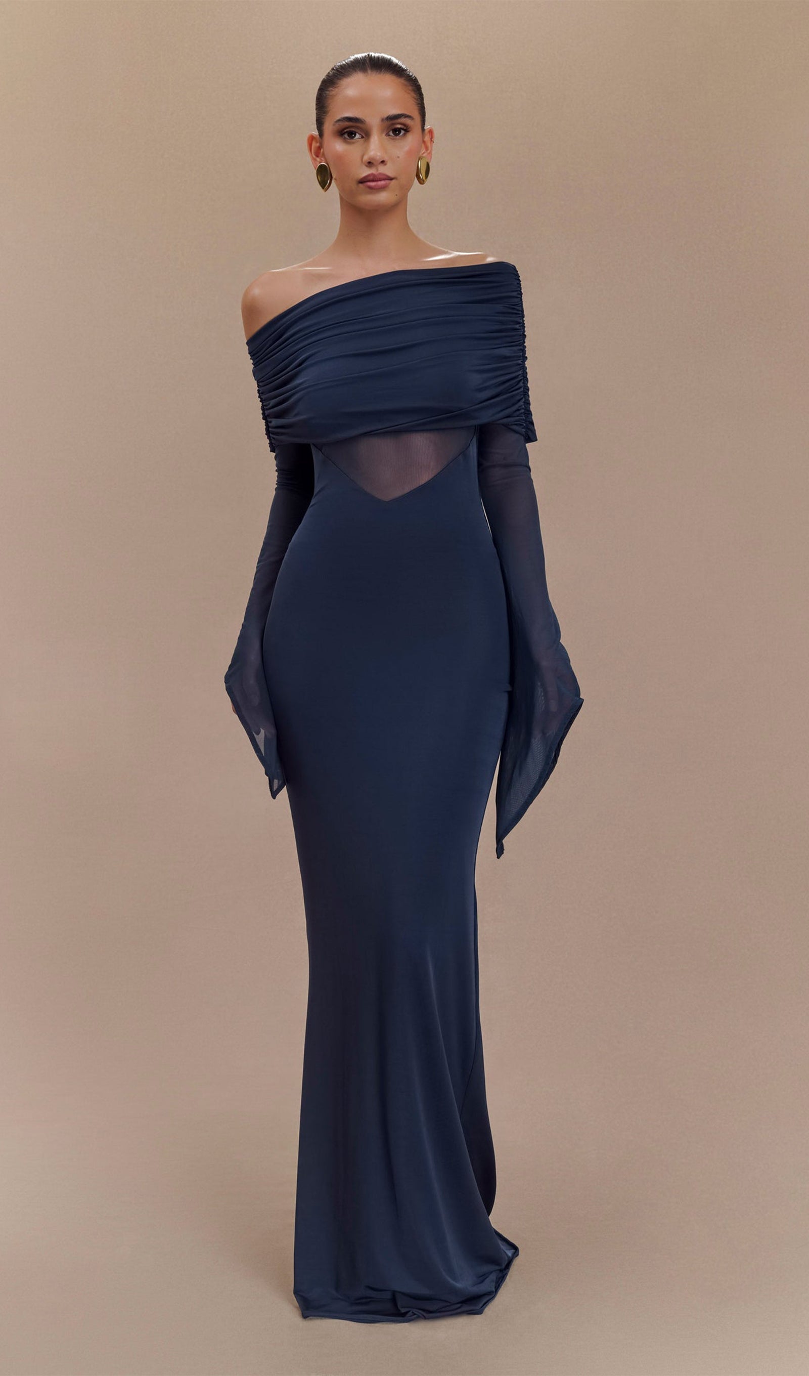 Tek Omuz Slinky Dantelli Maksi Elbise-Mavi