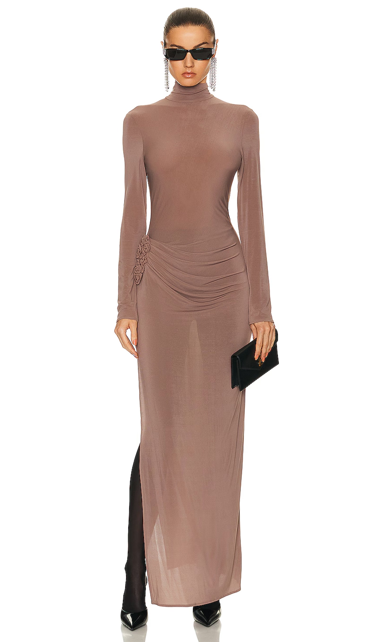 Çiçek Aplikeli Balıkçı Yaka Maksi Elbise