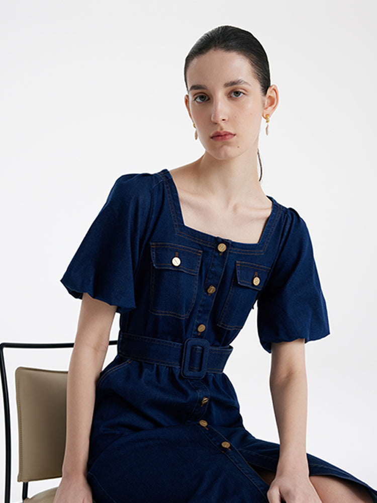 Puf Kollu Kare Yaka Denim Kadın Midi Kot Elbise Kemerli