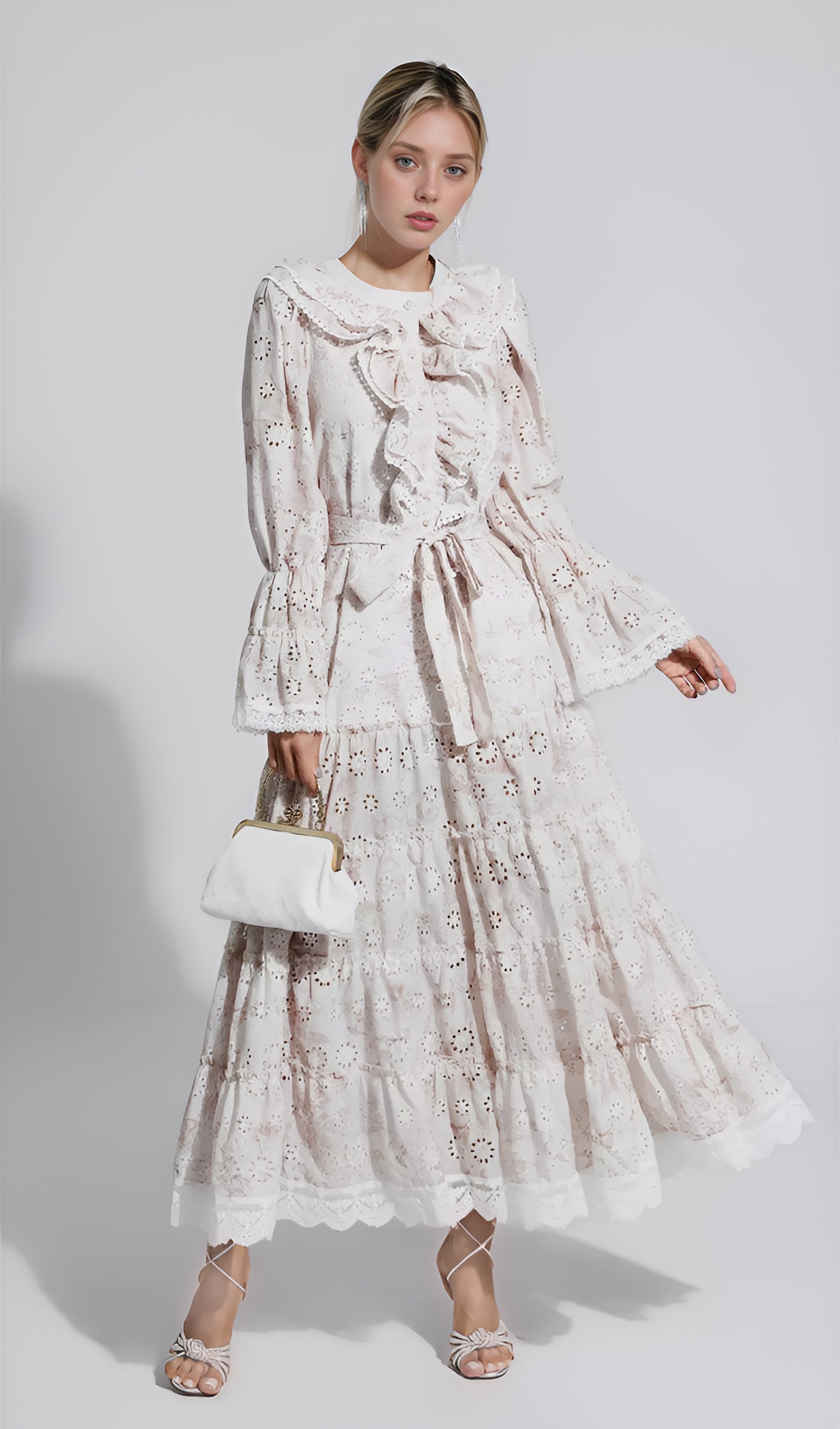 Uzun Kollu Haki Dantel Pileli Maxi Elbise