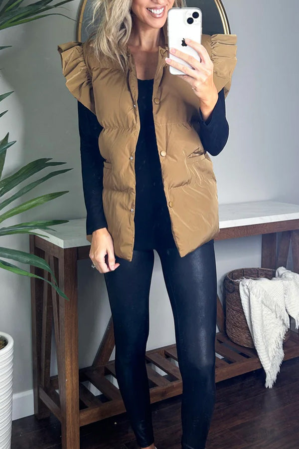 Rahat Dik Yaka, Düğmeli Çift Cepli, Uçuşan Fırfırlı Kollu Yelek