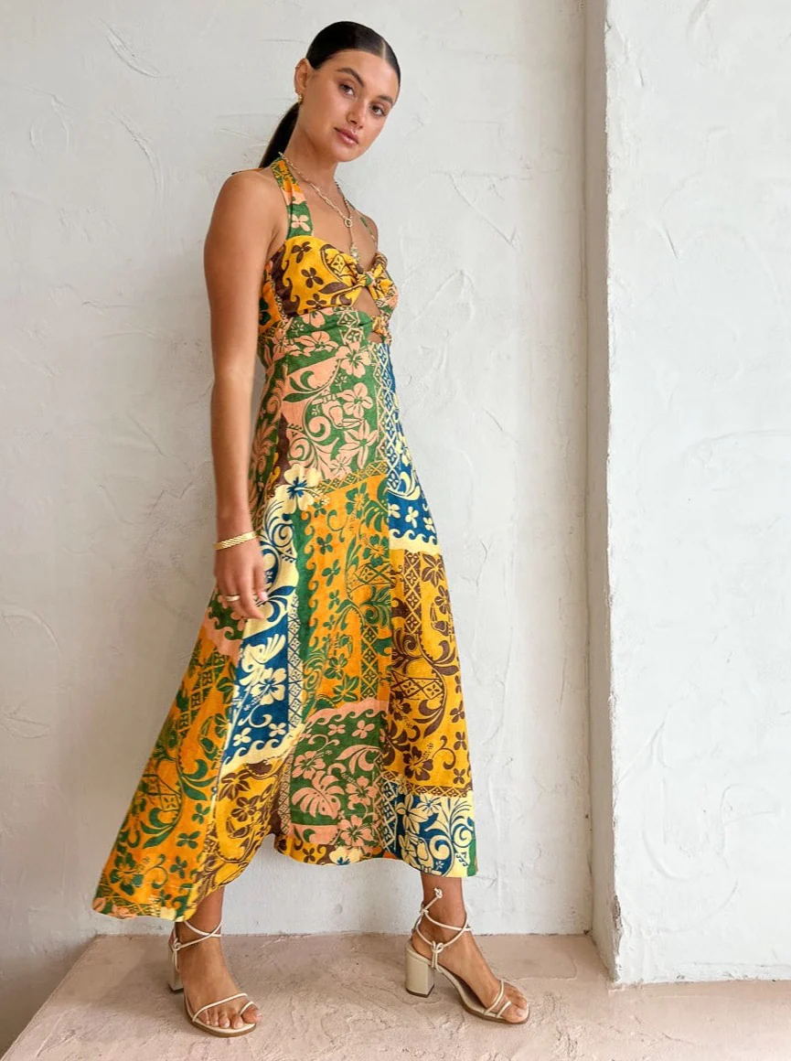 Seksi Baskı Bandaj Sırtı Açık Halter Baskılı Maxi Elbise