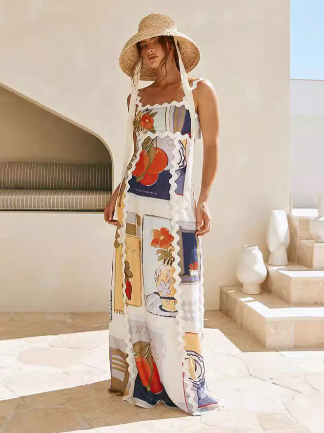 Spagetti Askılı Baskılı Maksi Elbise