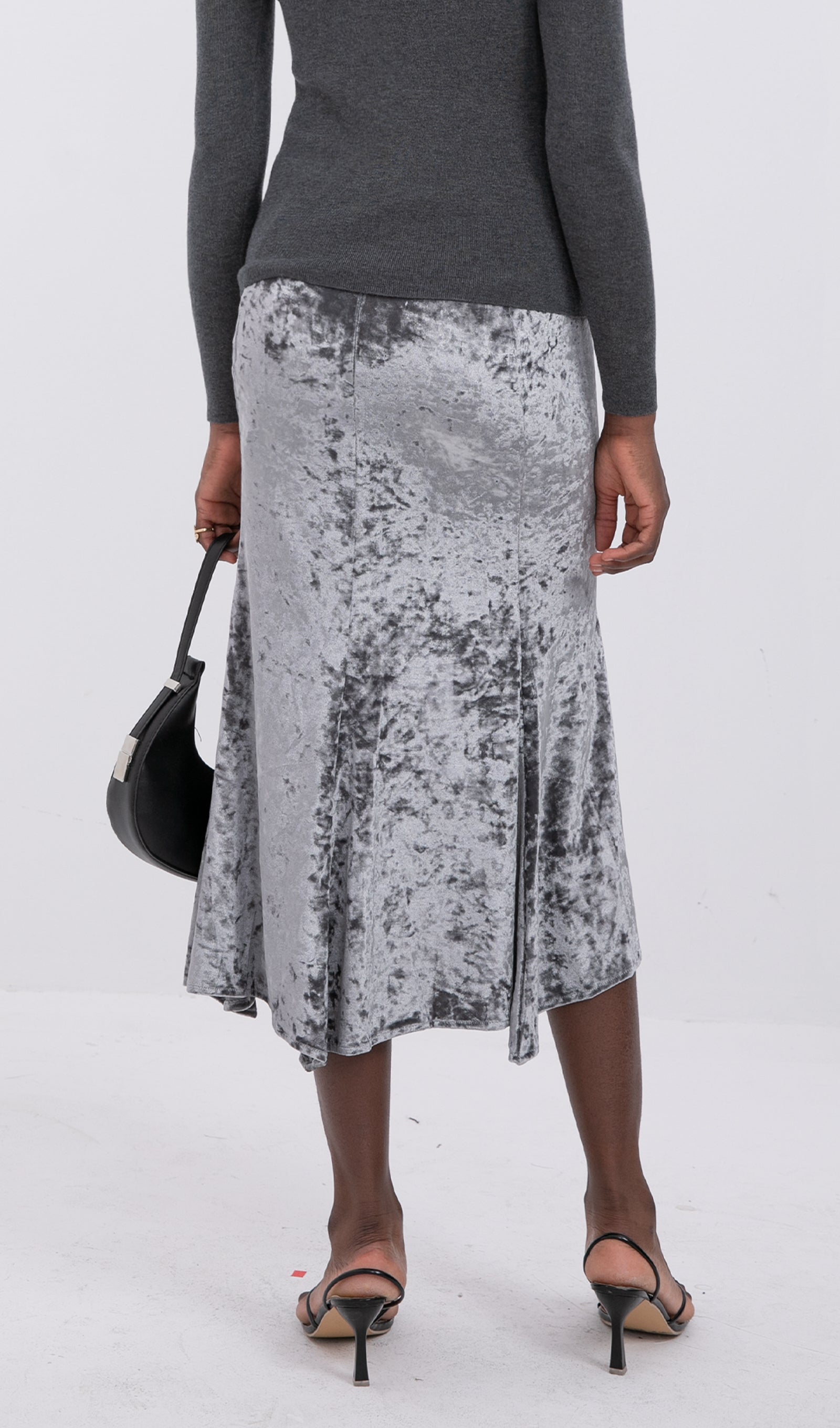 Trendy Yüksek Bel Kadife Midi Etek-Gümüş