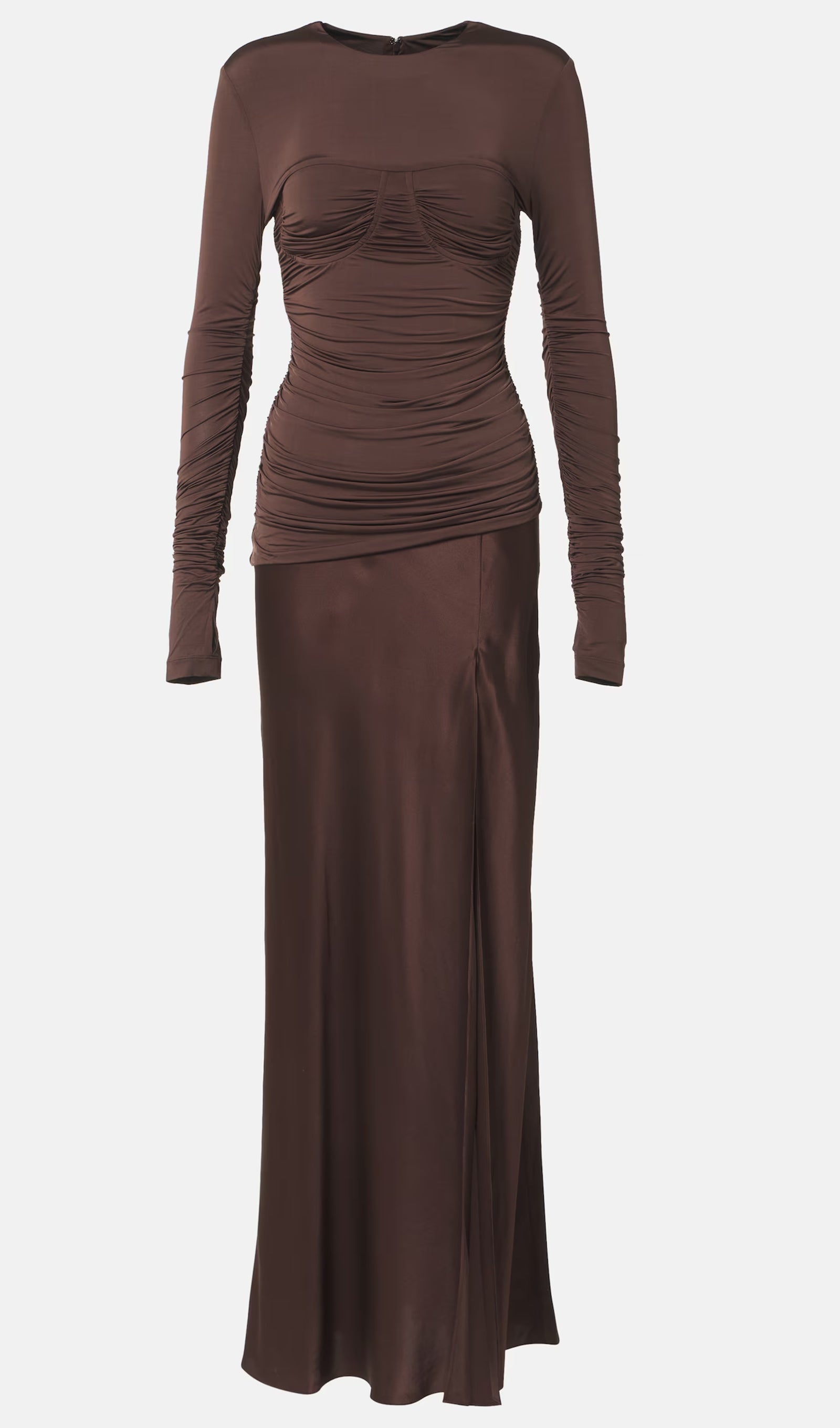 Drapeli Jersey ve Saten Maksi Elbise-Kahverengi