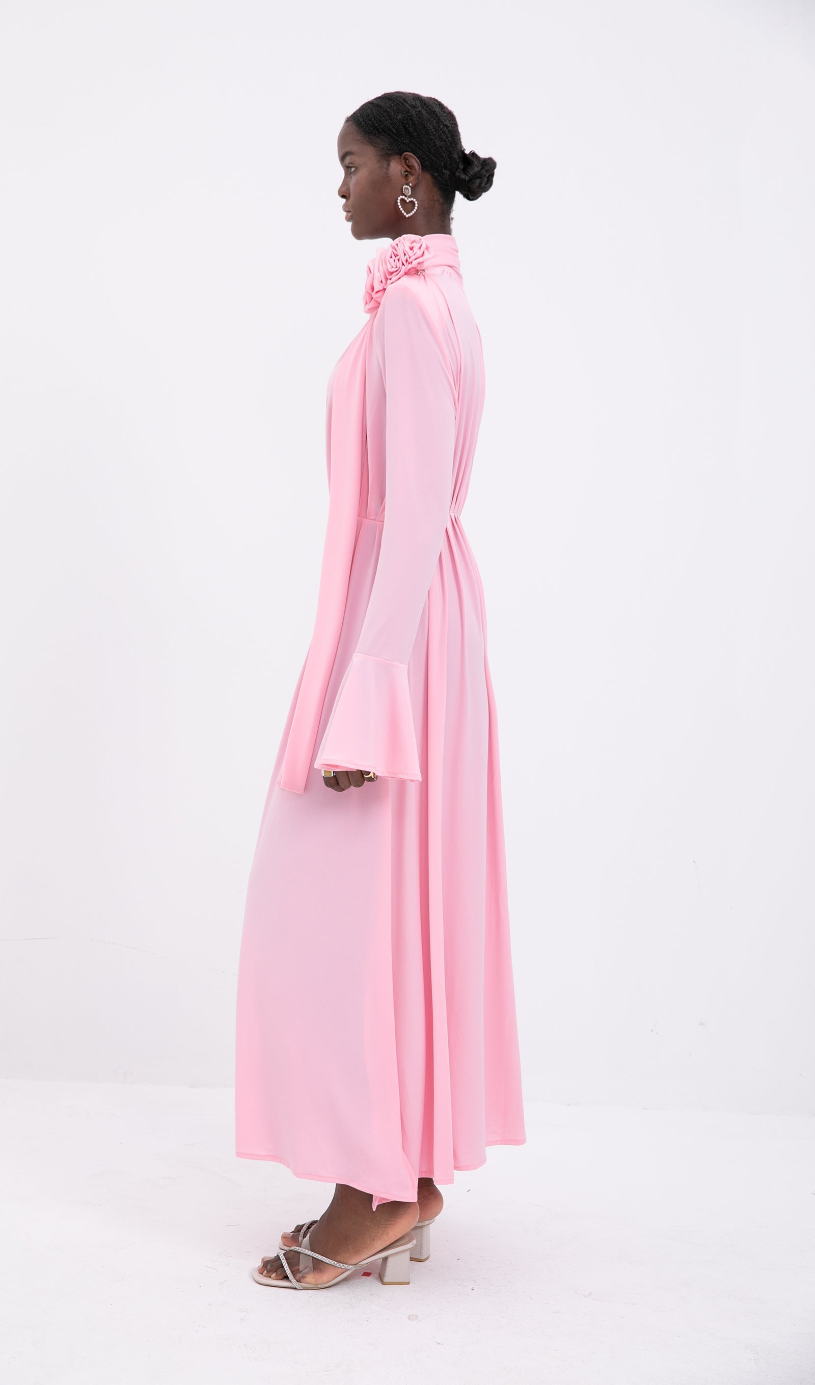 Trendy V Yaka Pileli Yırtmaçlı Maksi Elbise-Pembe