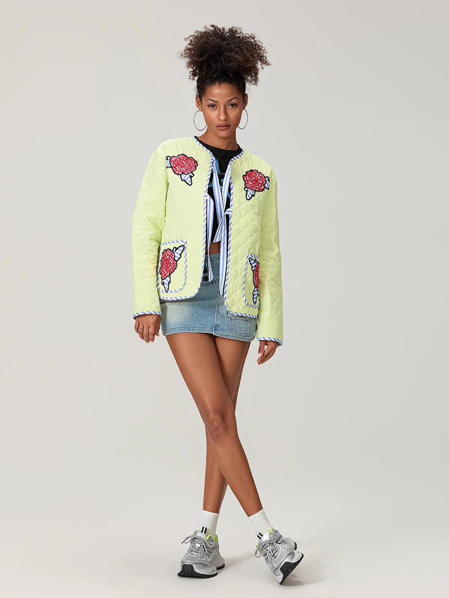 Gül Desenli Fiyonklu Kapitone Ceket -Sarı