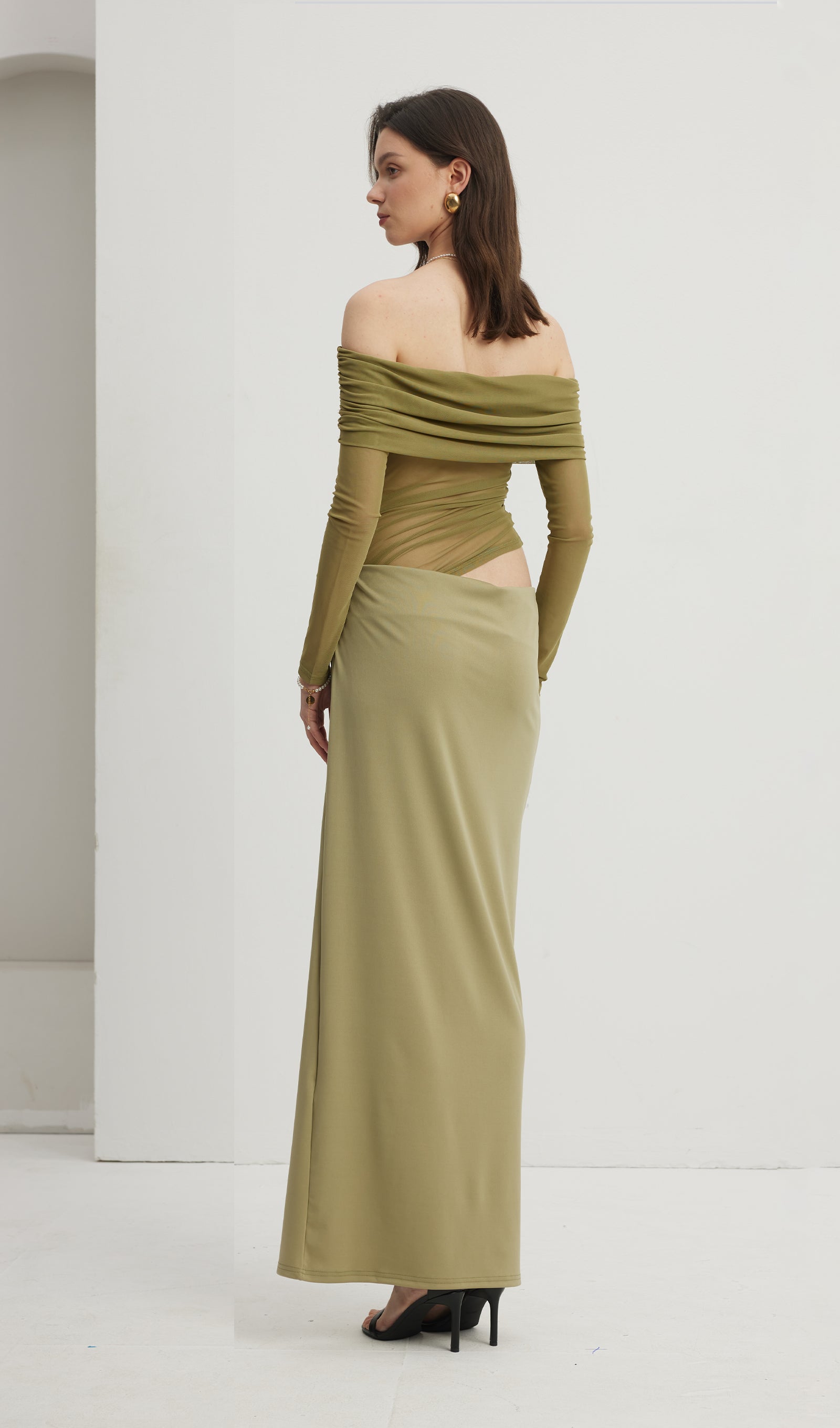 Kapalı Omuz Şeffaf Maksi Örgü Yeşil