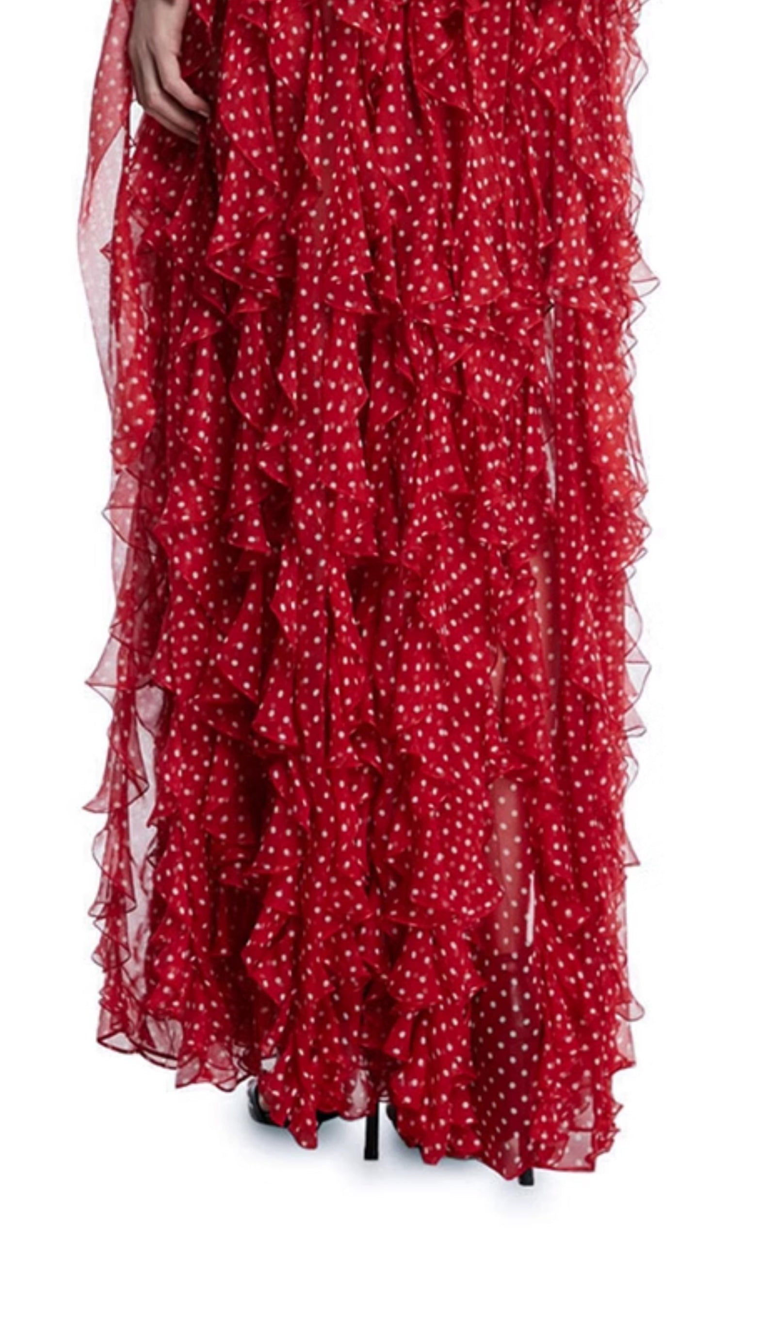 Vintage Görünümlü Puantiyeli Fırfırlı Maksi Elbise Kırmızı