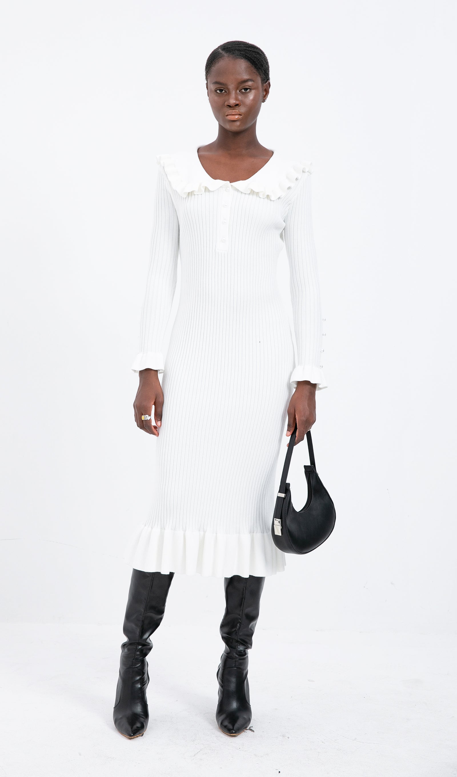 Trendy Örme Fırfırlı Midi Elbise-Beyaz