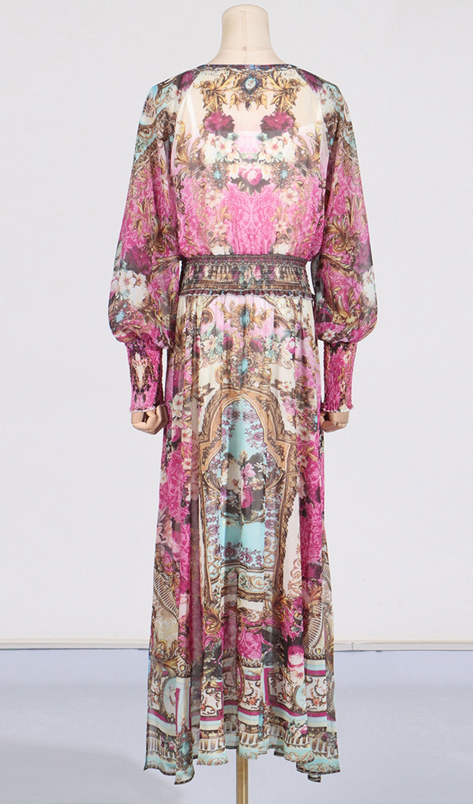 Boho Çiçekli Uzun Kollu V Yaka Maxi Elbise