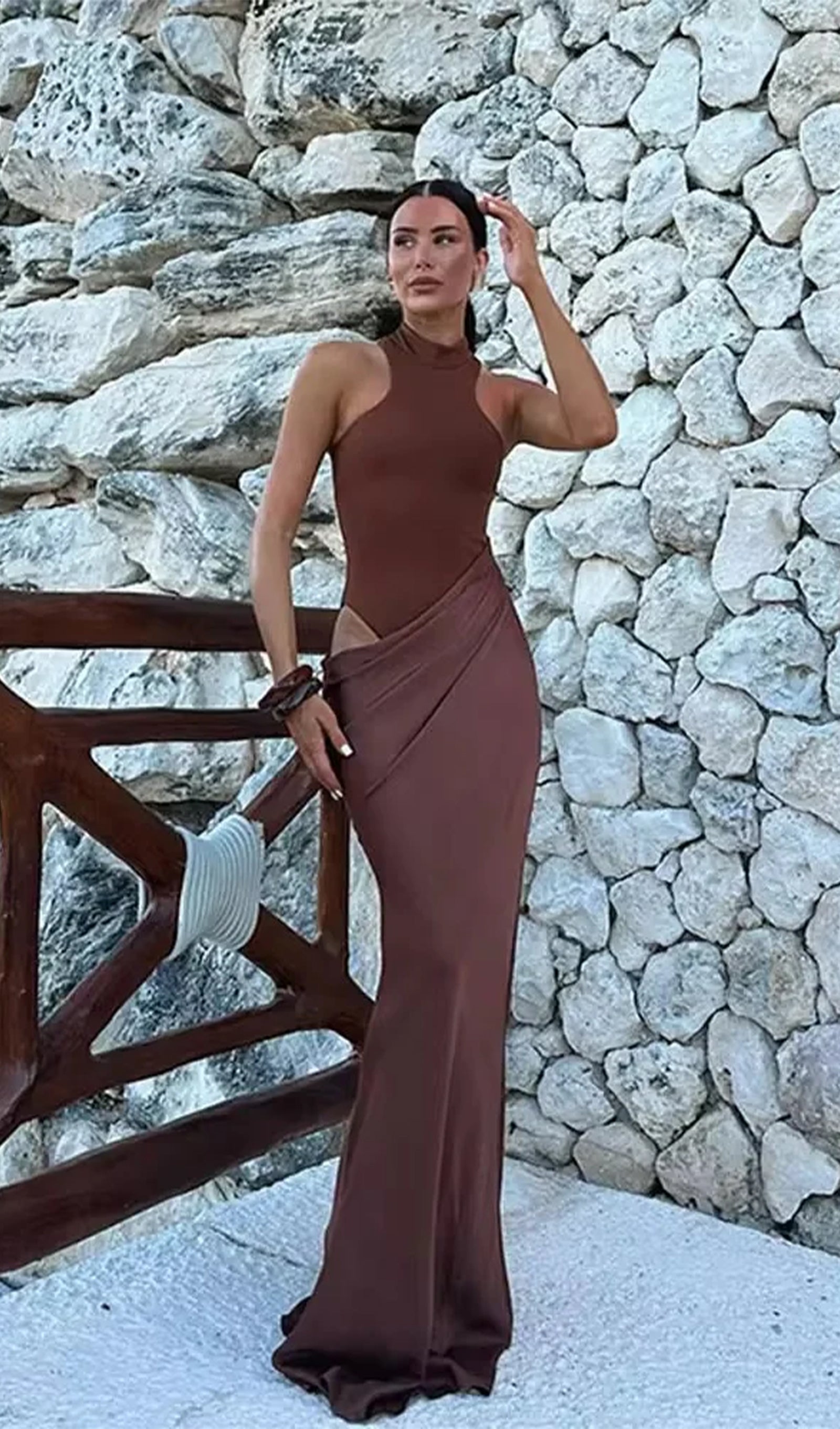 Hollow Out Maksi Elbise-Kahverengi/Haki