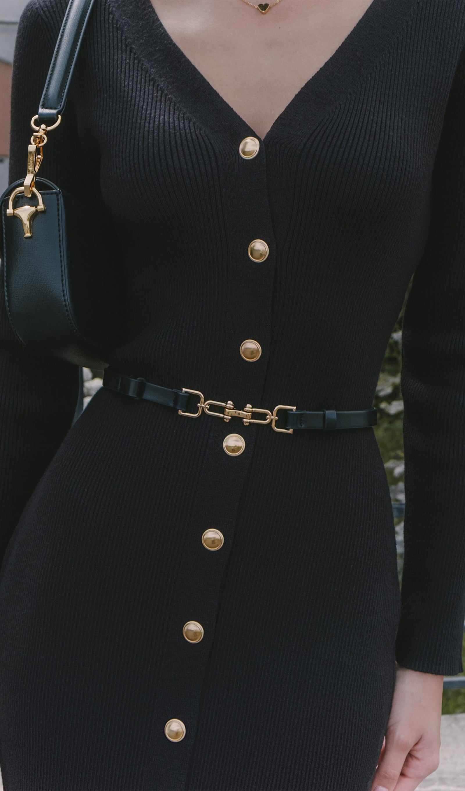 Örme V Yaka Midi Elbise -Siyah