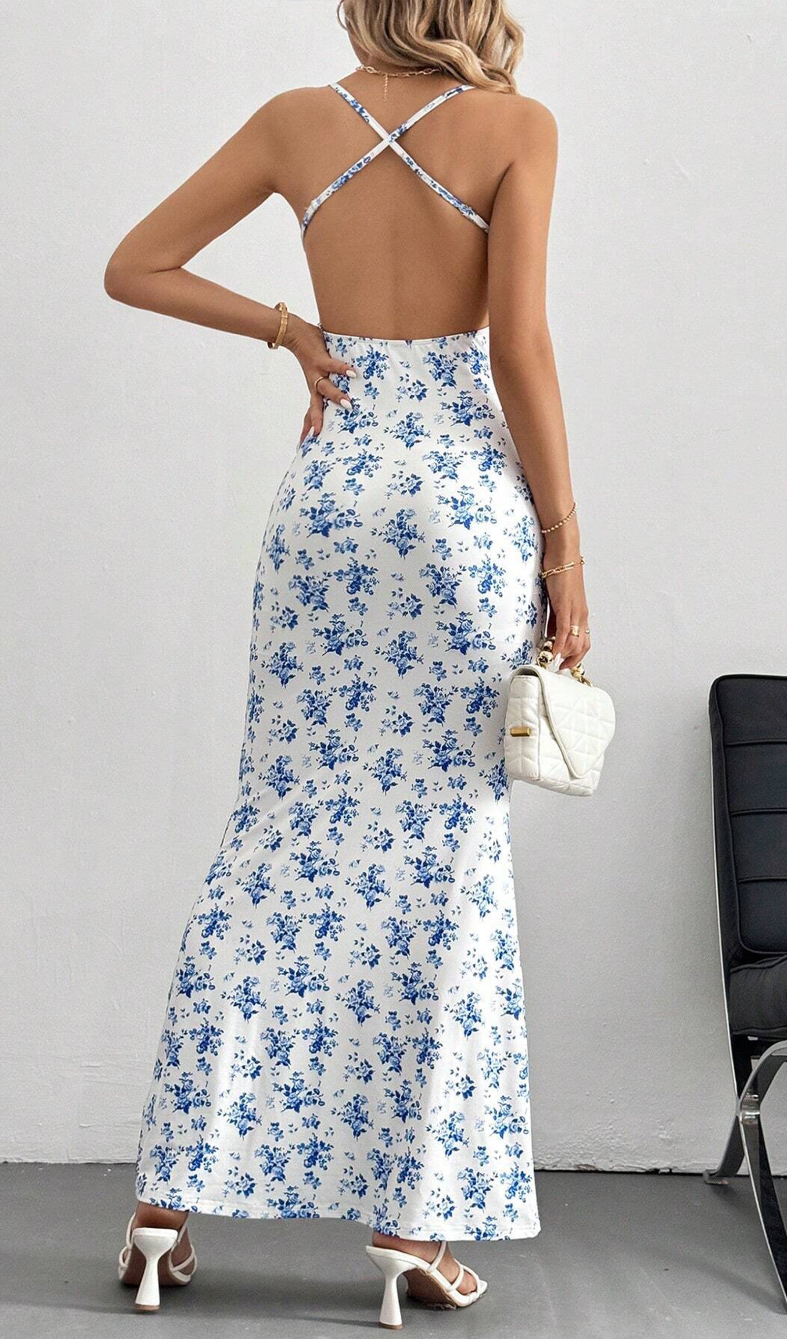 Çiçekli Sırtı Açık Maksi Elbise