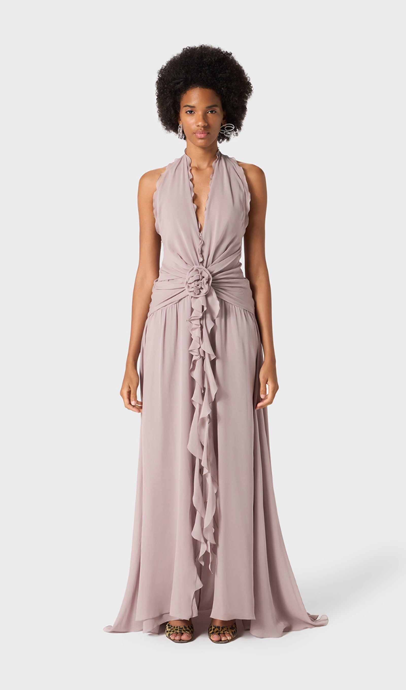 Halter Ruffles Gül Süslemeli Maksi Elbise