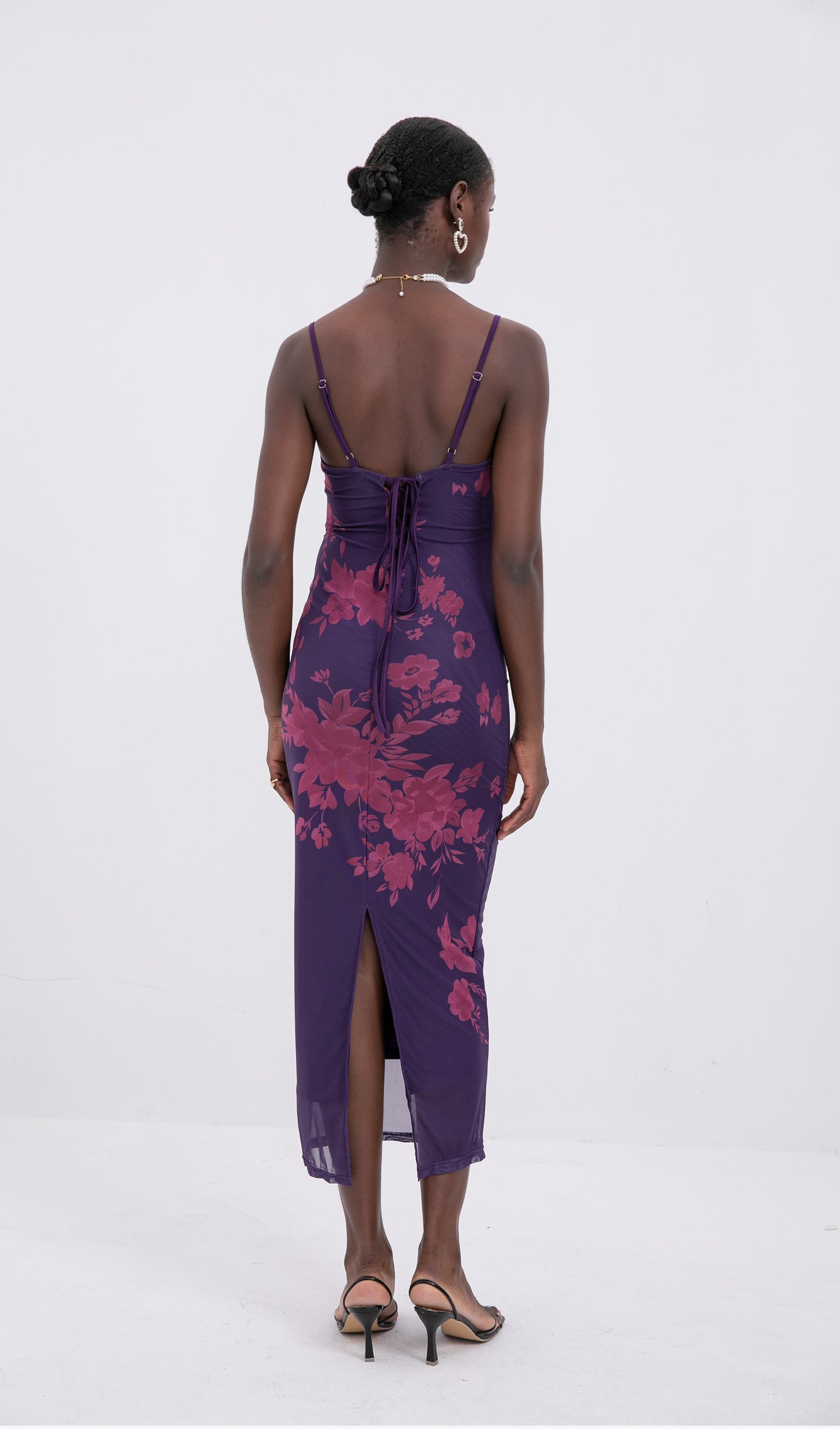 Trendy Bağcıklı Dantel Çiçekli Örgü Midi Elbise