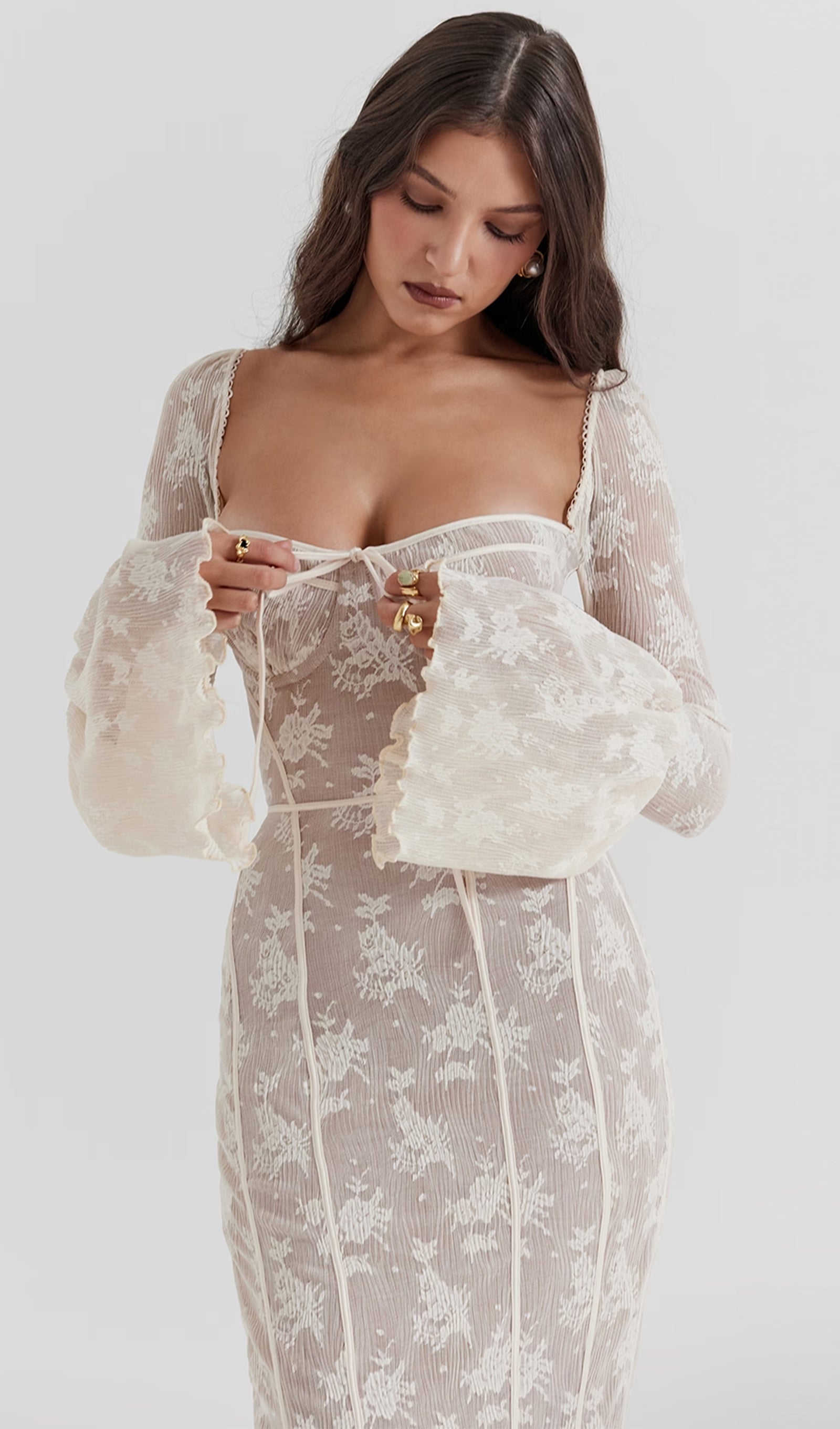 Vintage Krem Dantel Maksi Elbise