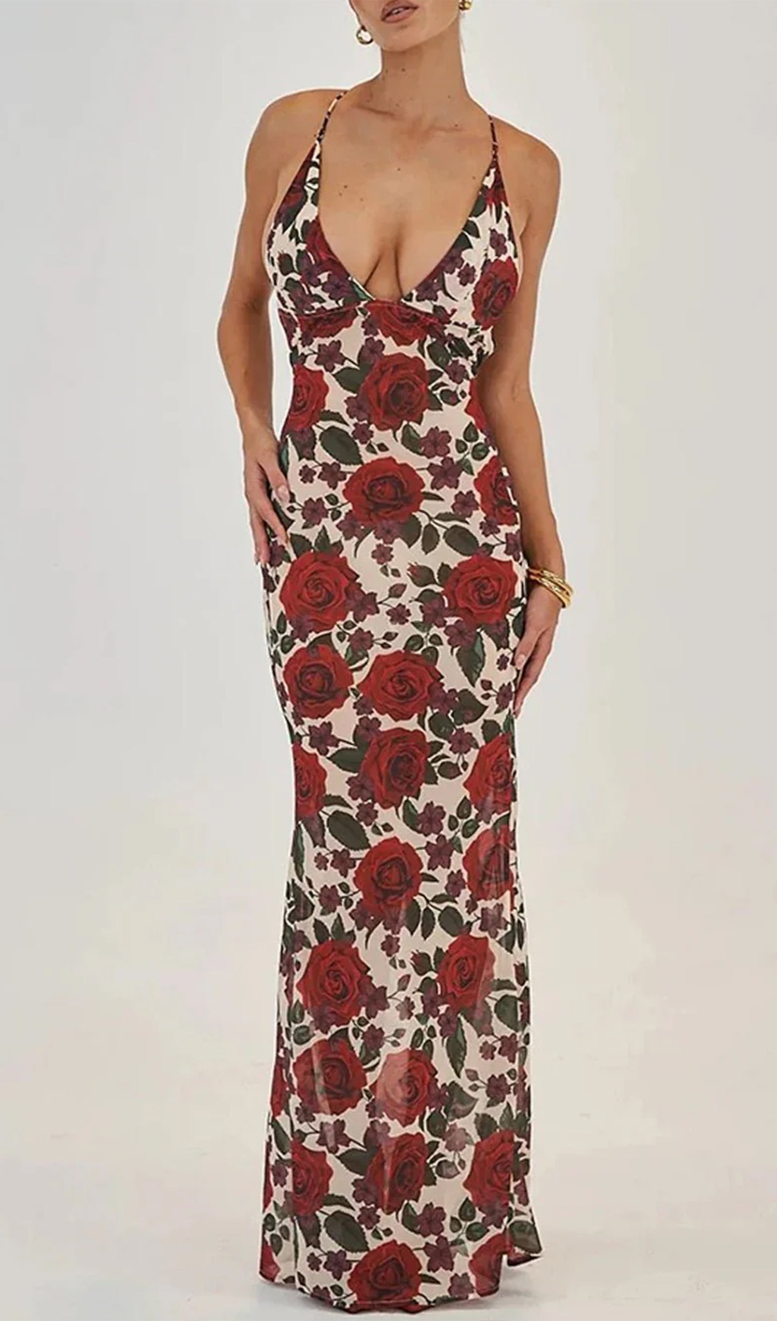 Kırmızı Çiçekli Sırtı Açık Maksi Elbise
