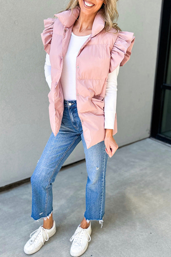 Rahat Dik Yaka, Düğmeli Çift Cepli, Uçuşan Fırfırlı Kollu Yelek