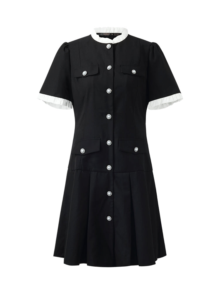 Fırfır Süslemeli İnci Düğmeli Kadın Mini Siyah Spor Elbise