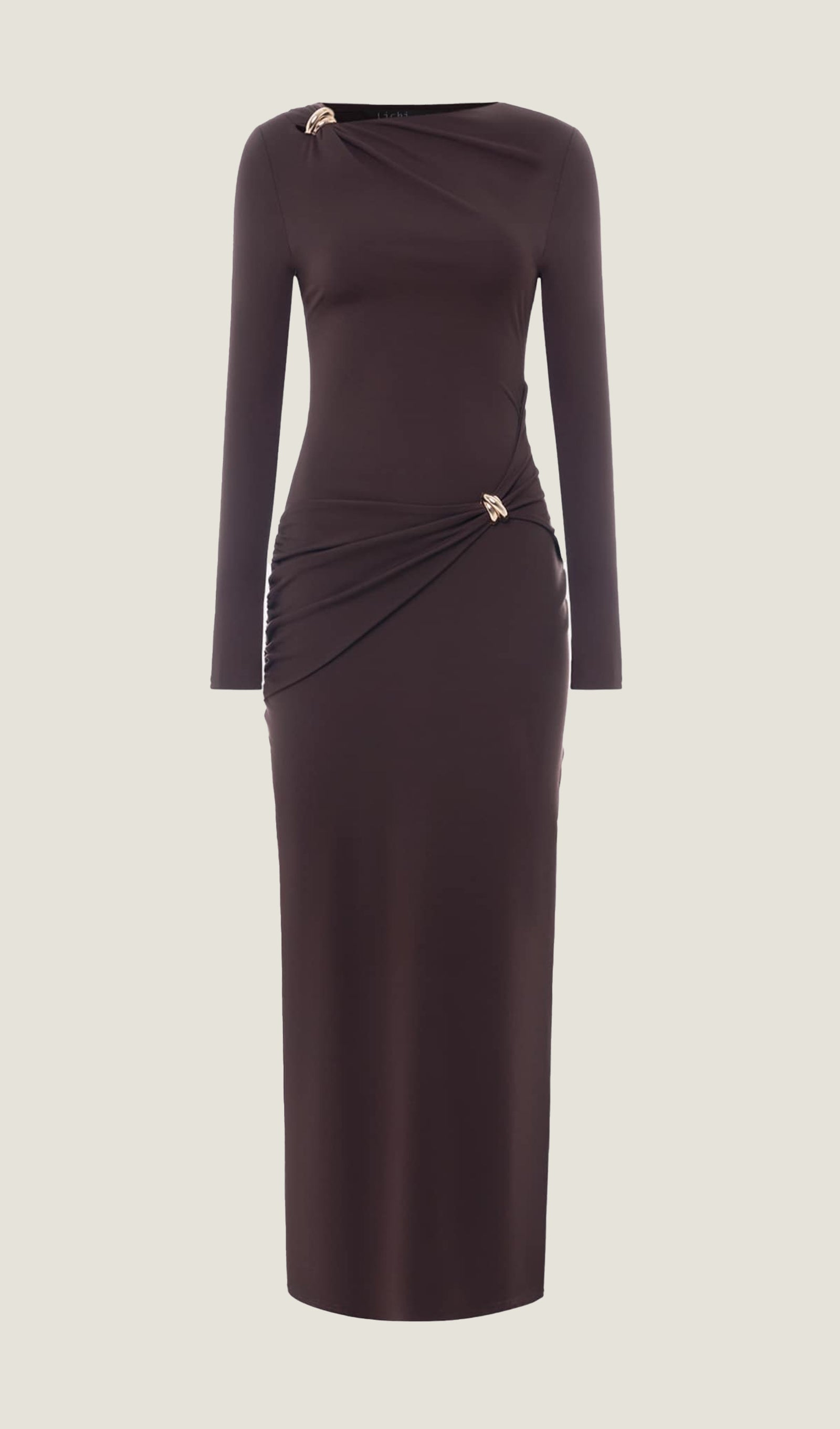 Jersey Seductive Fitted Maksi Elbise-Kahverengi