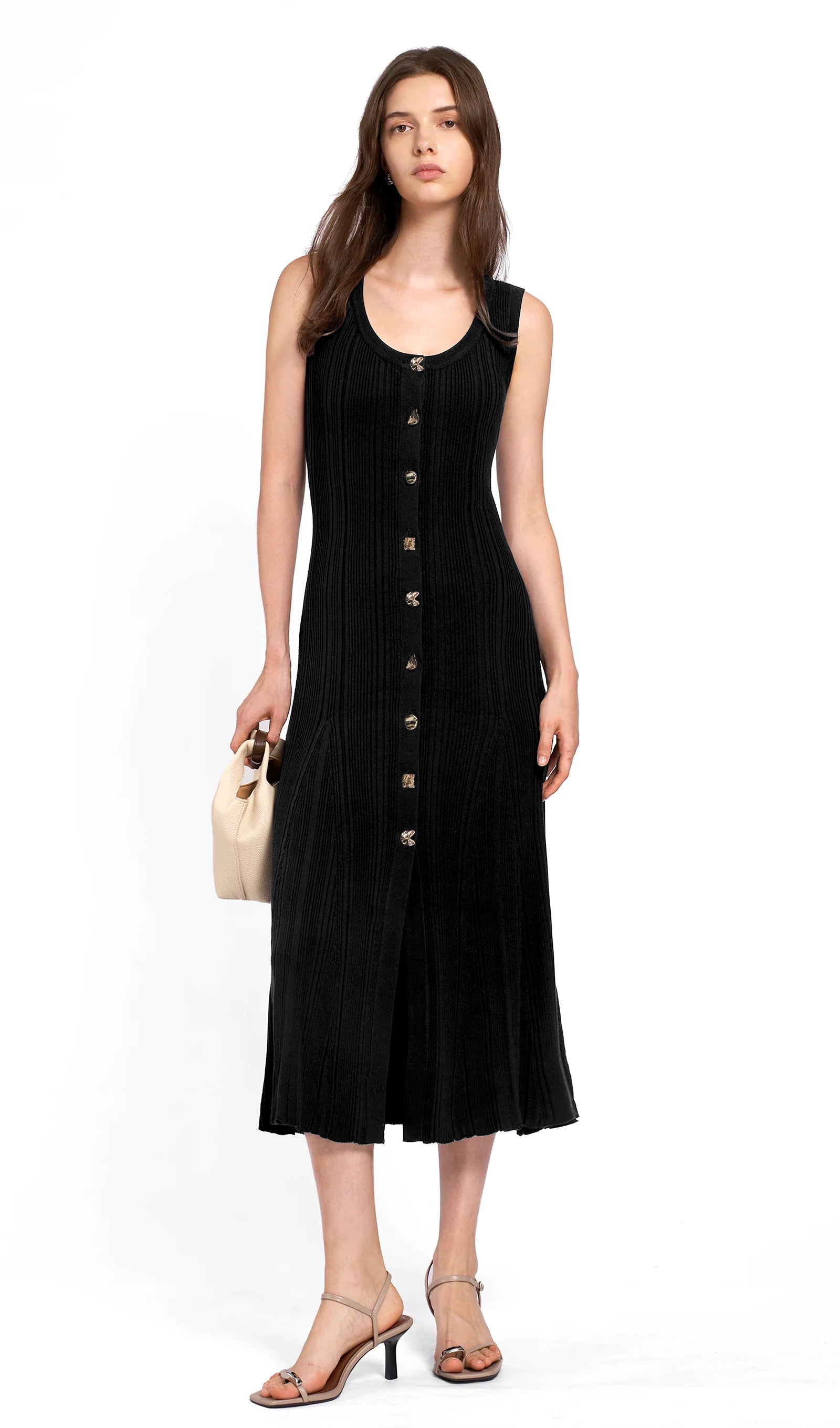 Metalik Düğmeli Örgü Midi Elbise Siyah