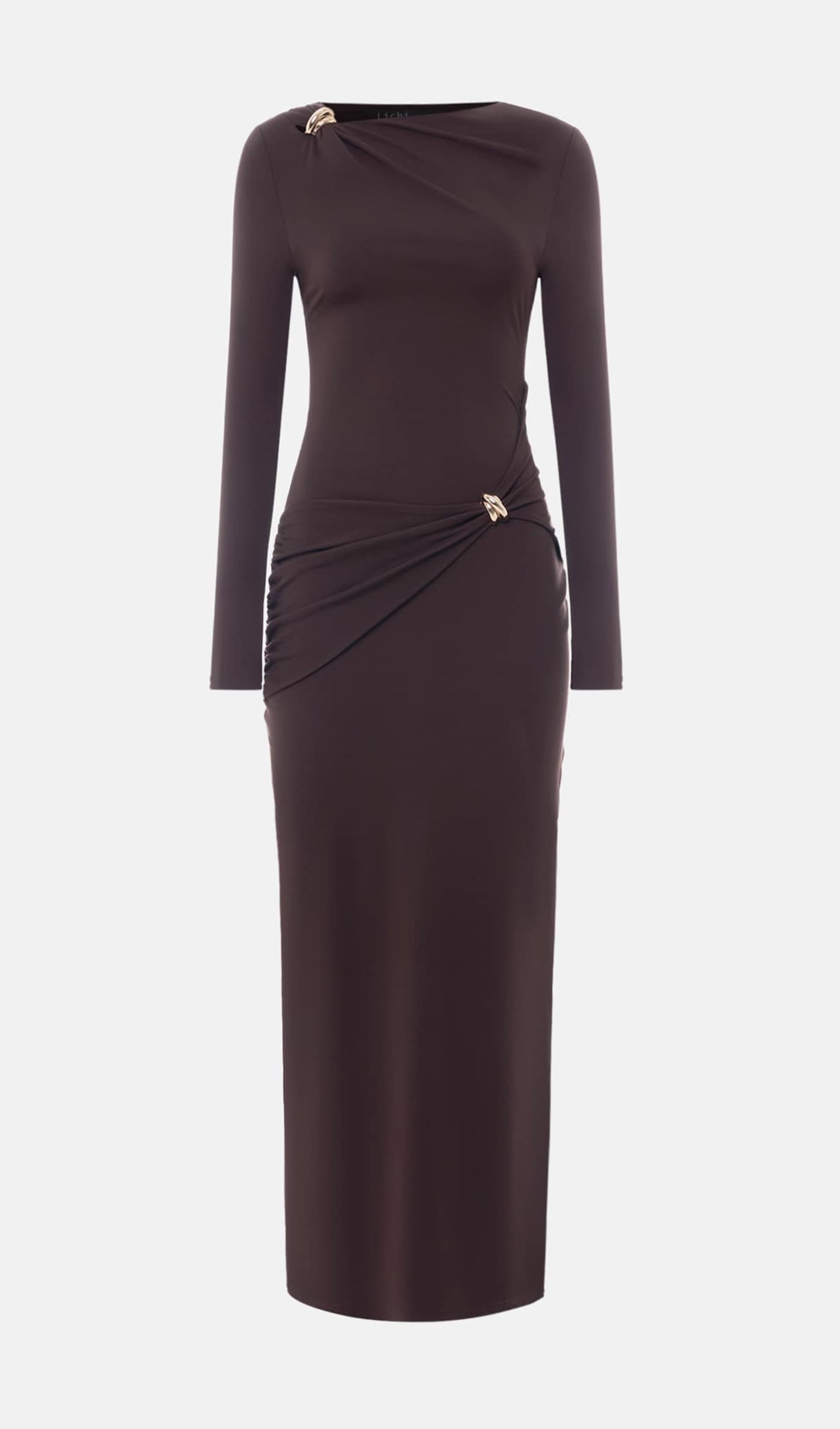 Jersey Seductive Fitted Maksi Elbise-Kahverengi