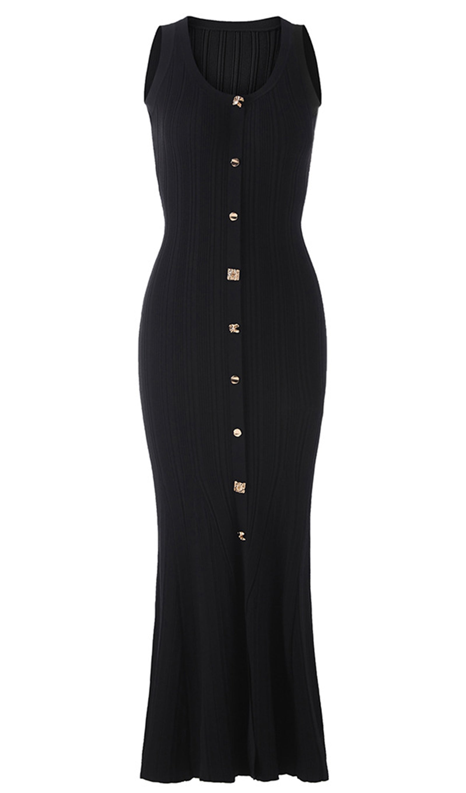 Metalik Düğmeli Örgü Midi Elbise