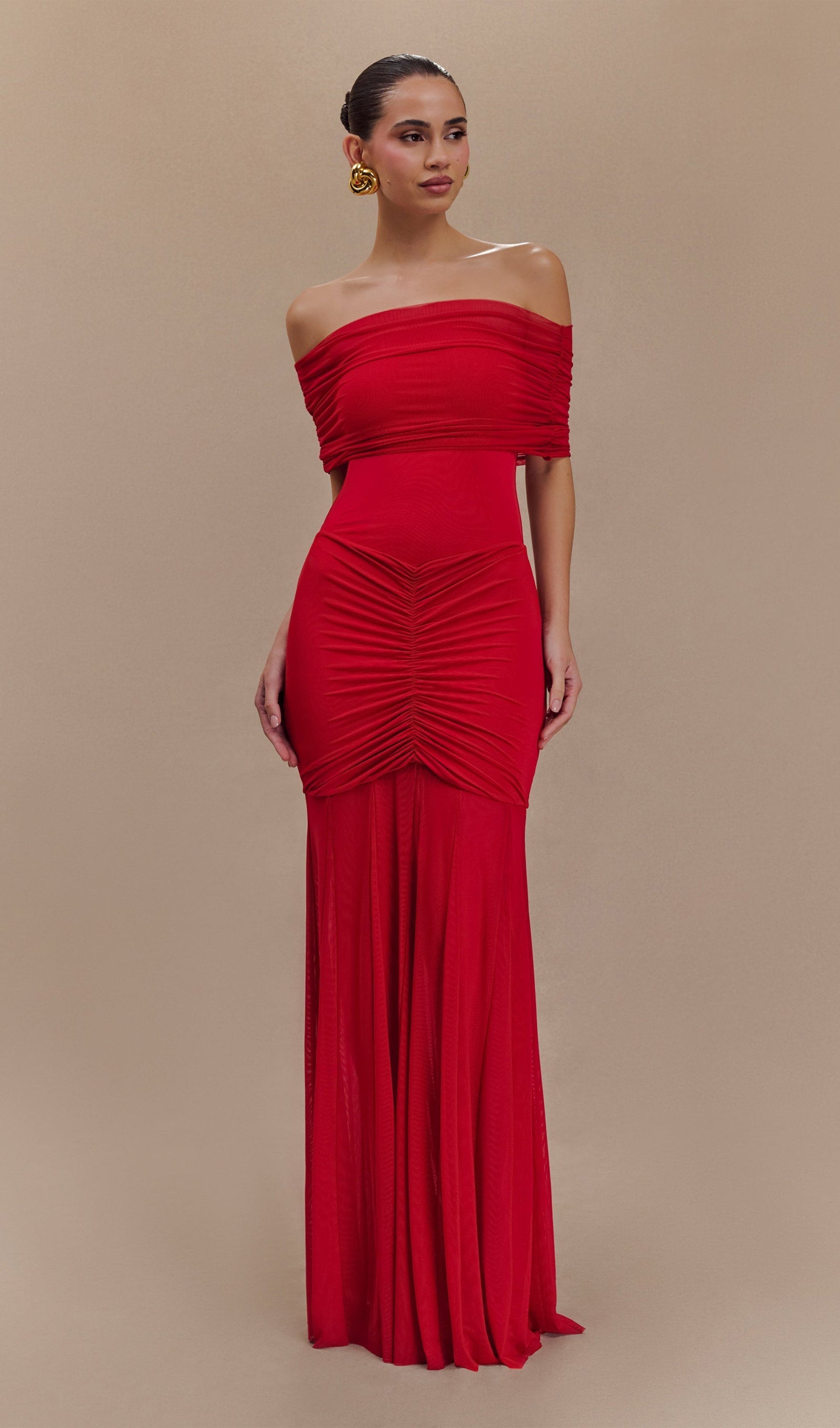Slinky Kapalı Omuz Maksi Elbise - Kırmızı