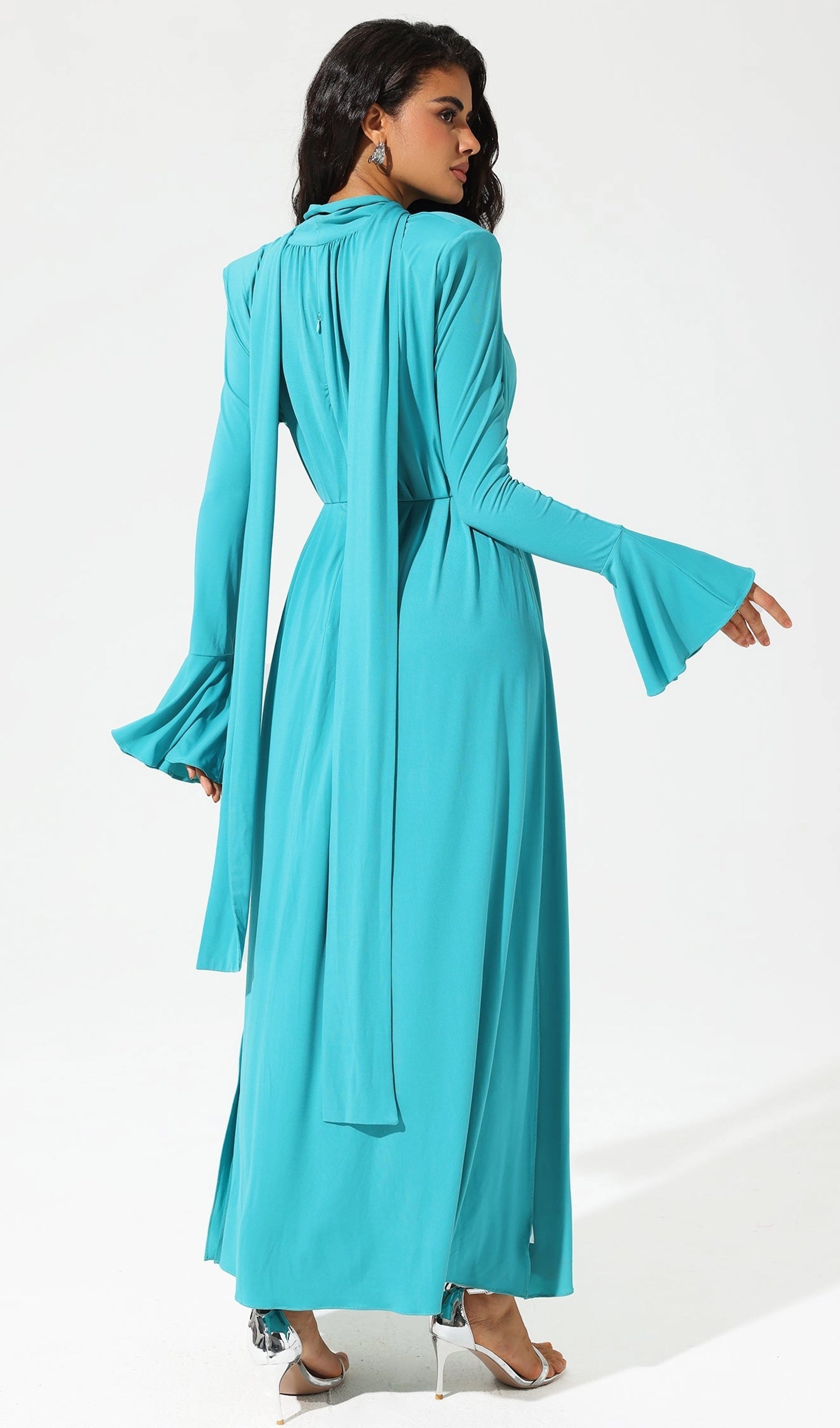 Çiçek V Yaka Pileli Yırtmaçlı Maksi Elbise-Mavi