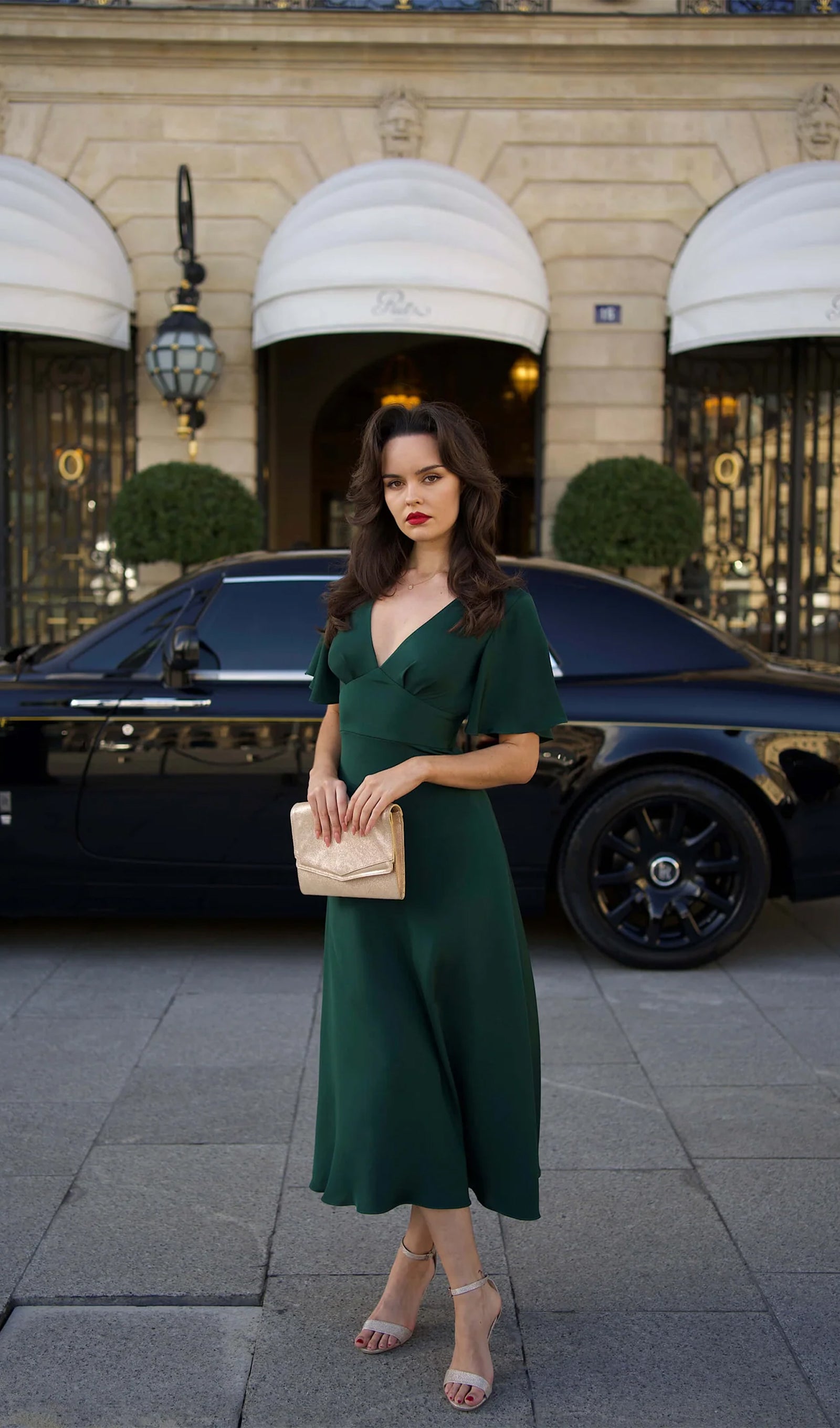 V Yaka Abiye Midi Elbise-Yeşil