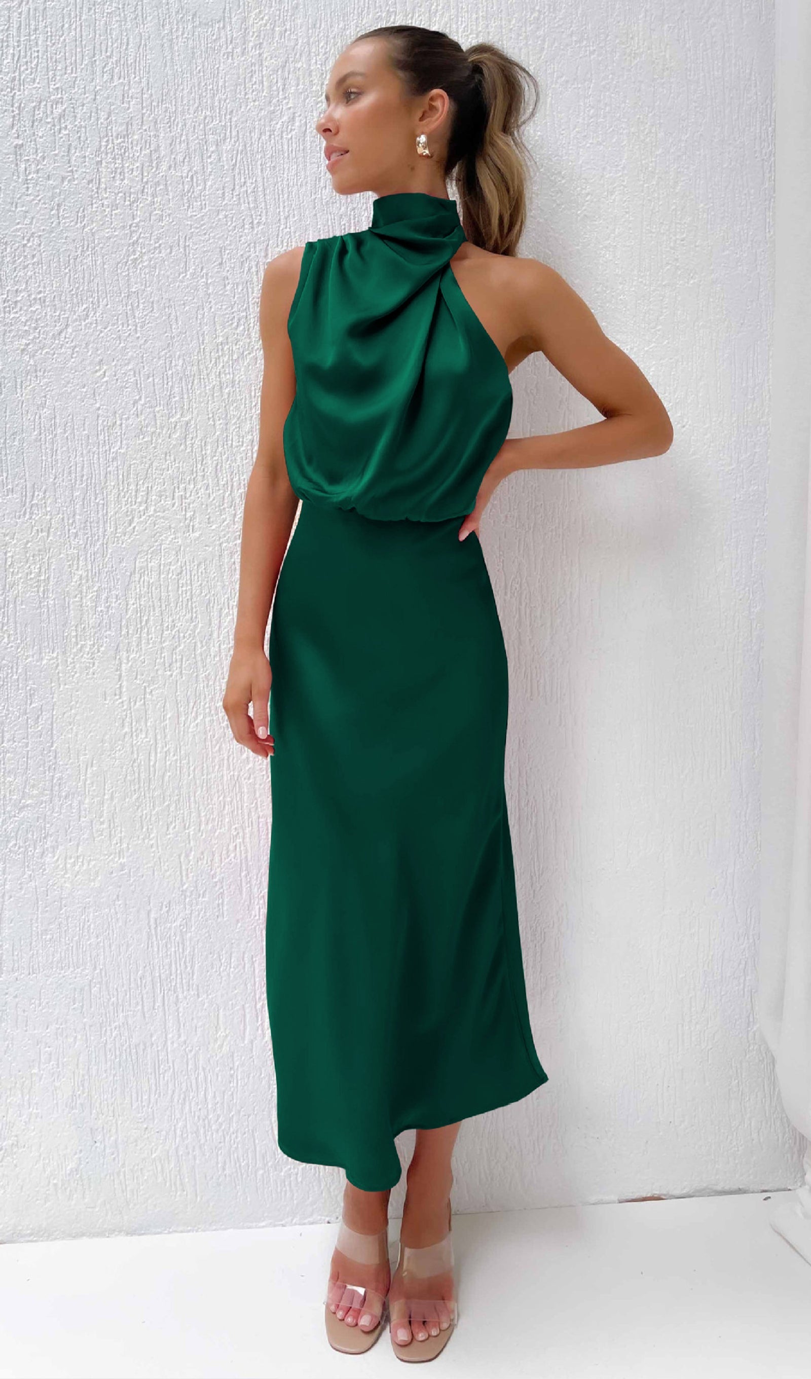 Asimetrik Saten Midi Elbise