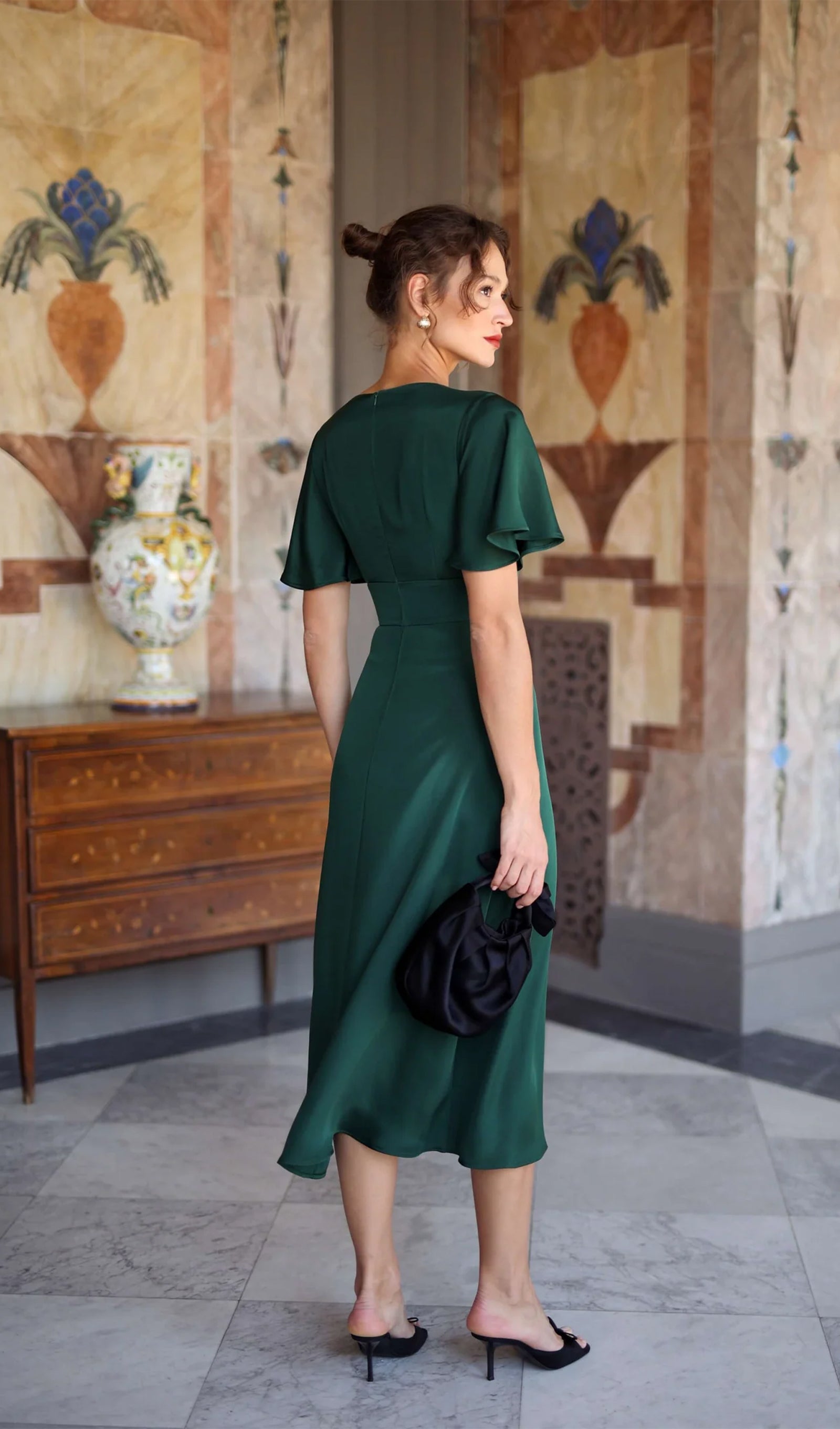 V Yaka Abiye Midi Elbise-Yeşil