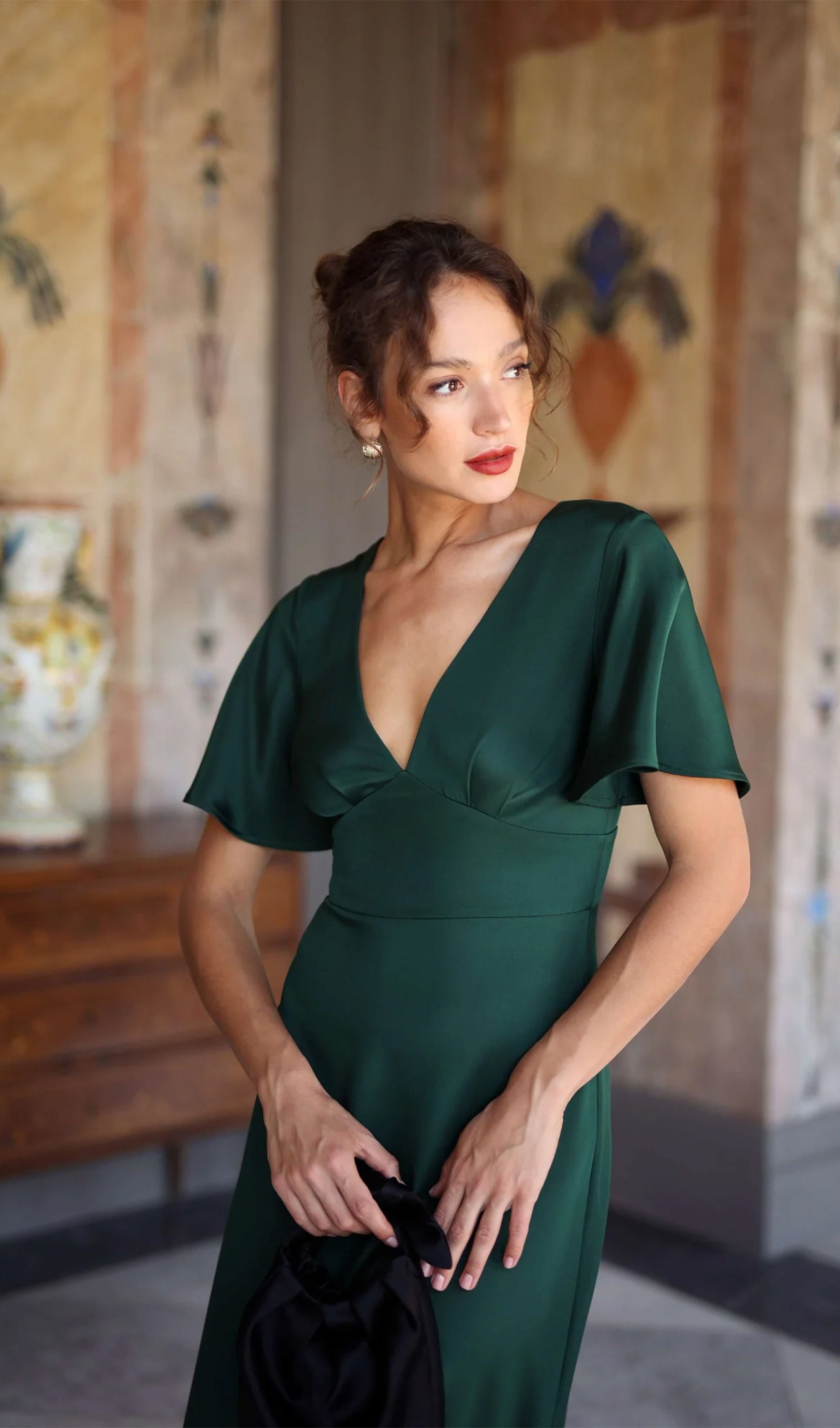 V Yaka Abiye Midi Elbise-Yeşil