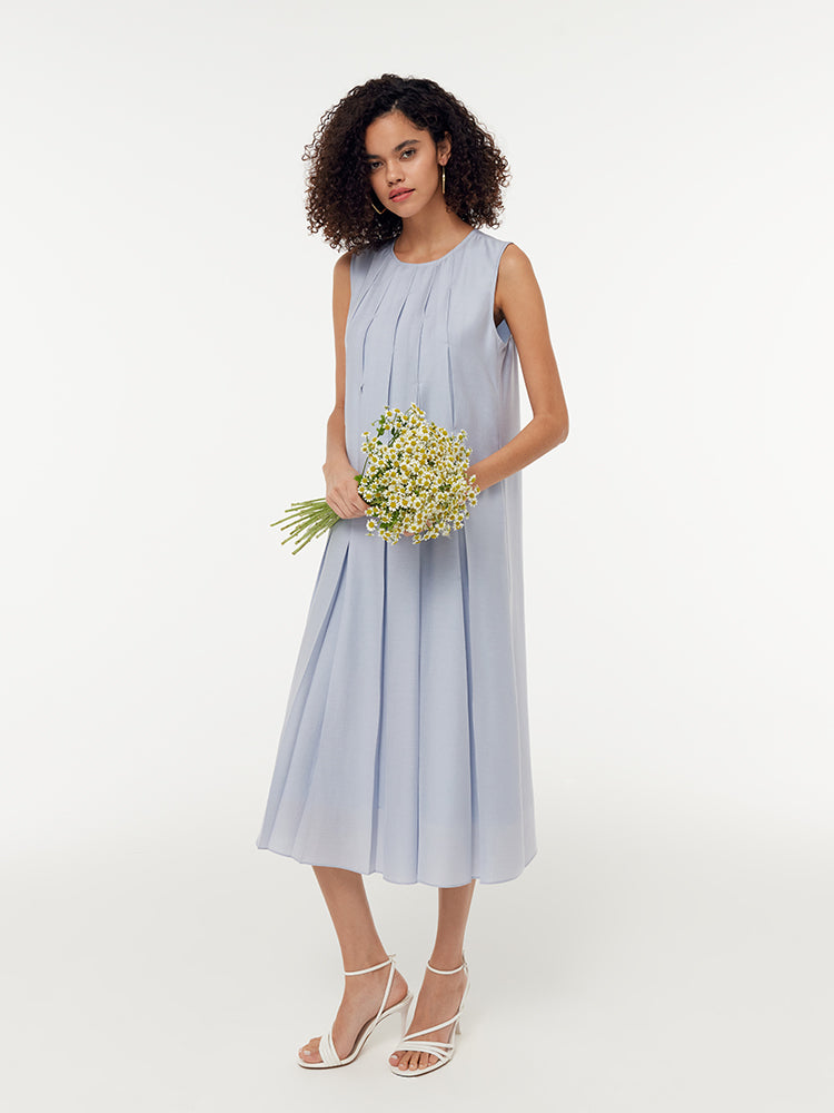 Asetat A-Line Kadın Midi Mavi Elbise