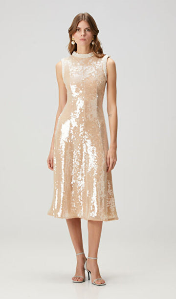 Payet İşlemeli İnci Süslemeli Midi Elbise