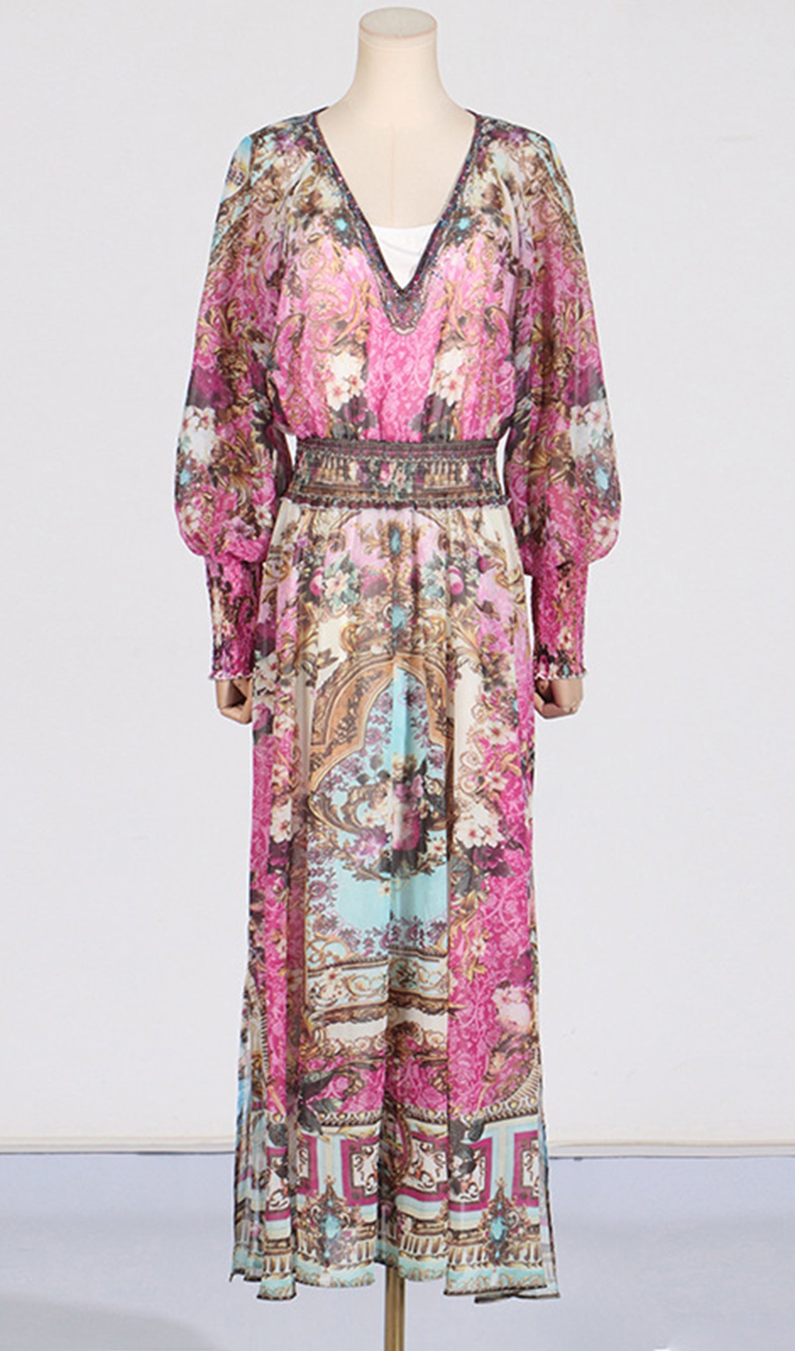 Boho Çiçekli Uzun Kollu V Yaka Maxi Elbise