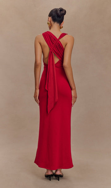 Asimetrik Scuba Jersey Maksi Elbise Ruby