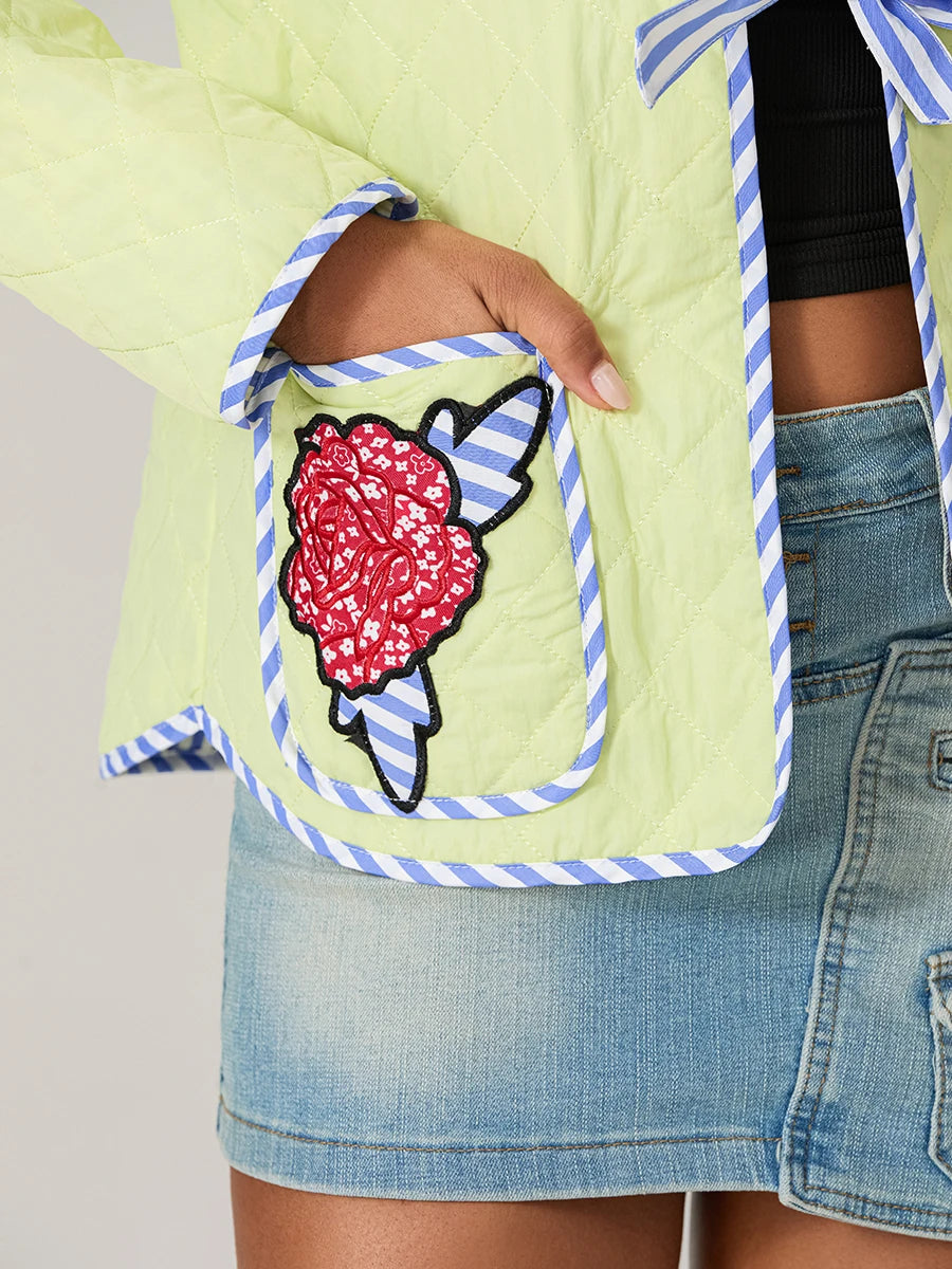 Gül Desenli Fiyonklu Kapitone Ceket -Sarı