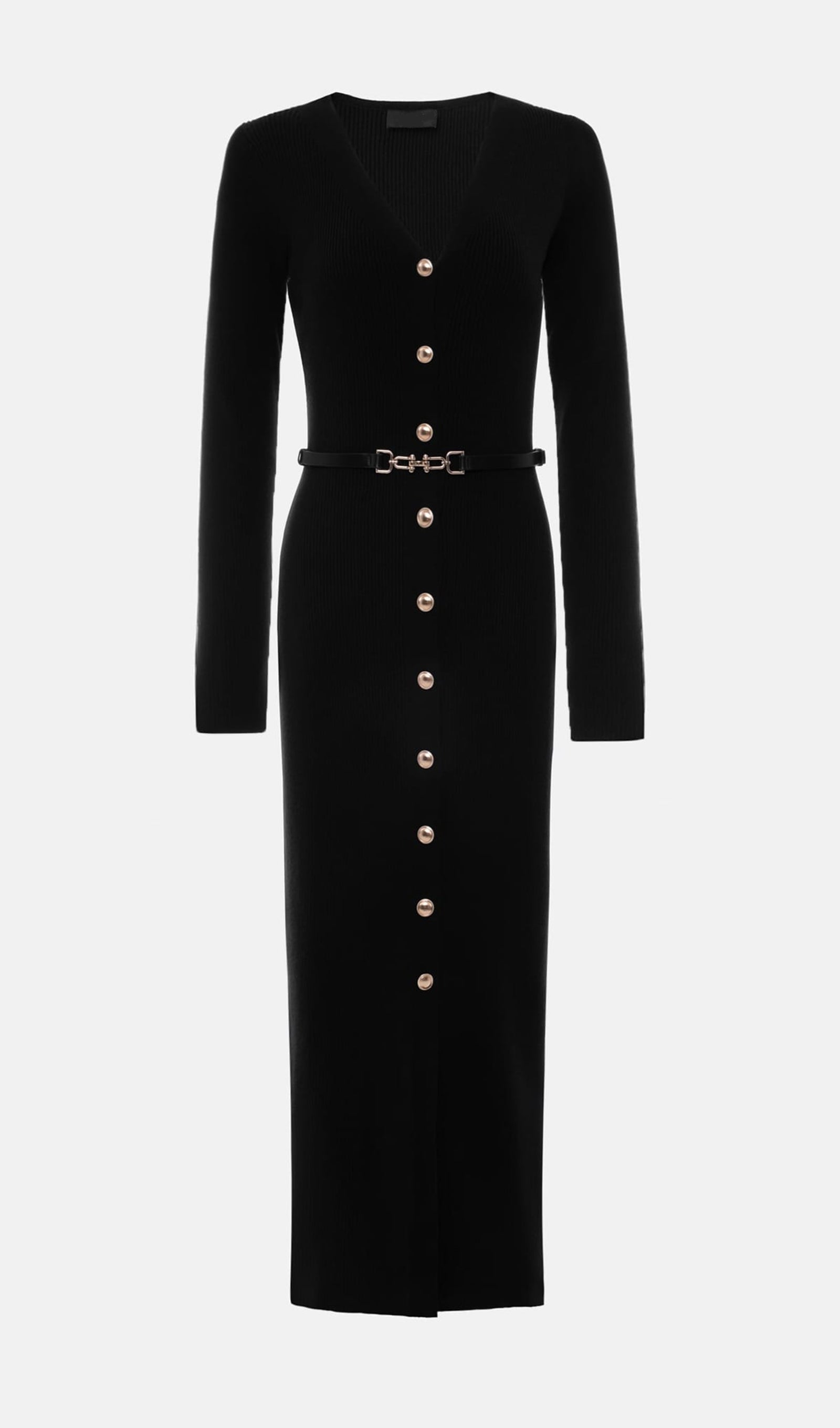 Örme V Yaka Midi Elbise -Siyah