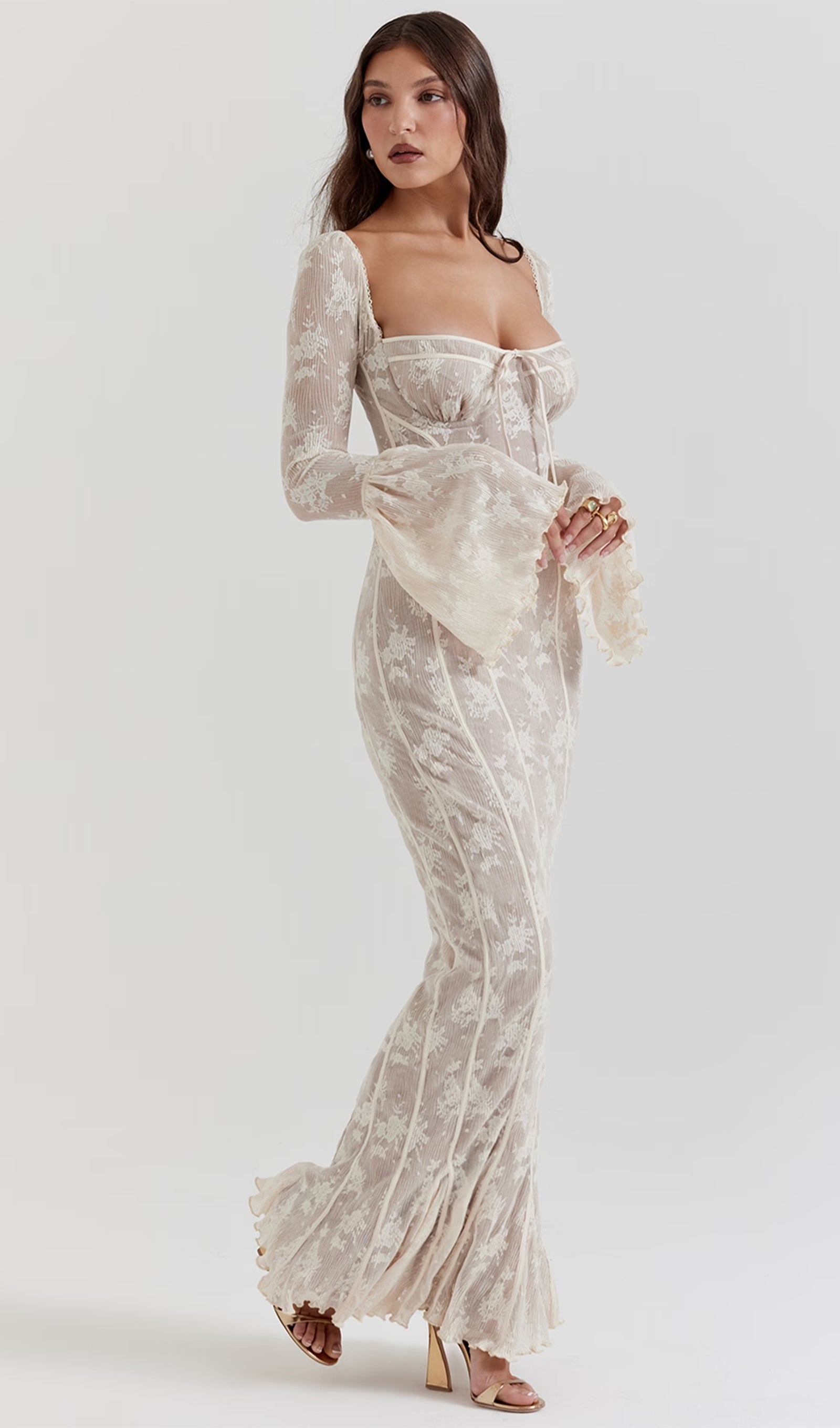 Vintage Krem Dantel Maksi Elbise